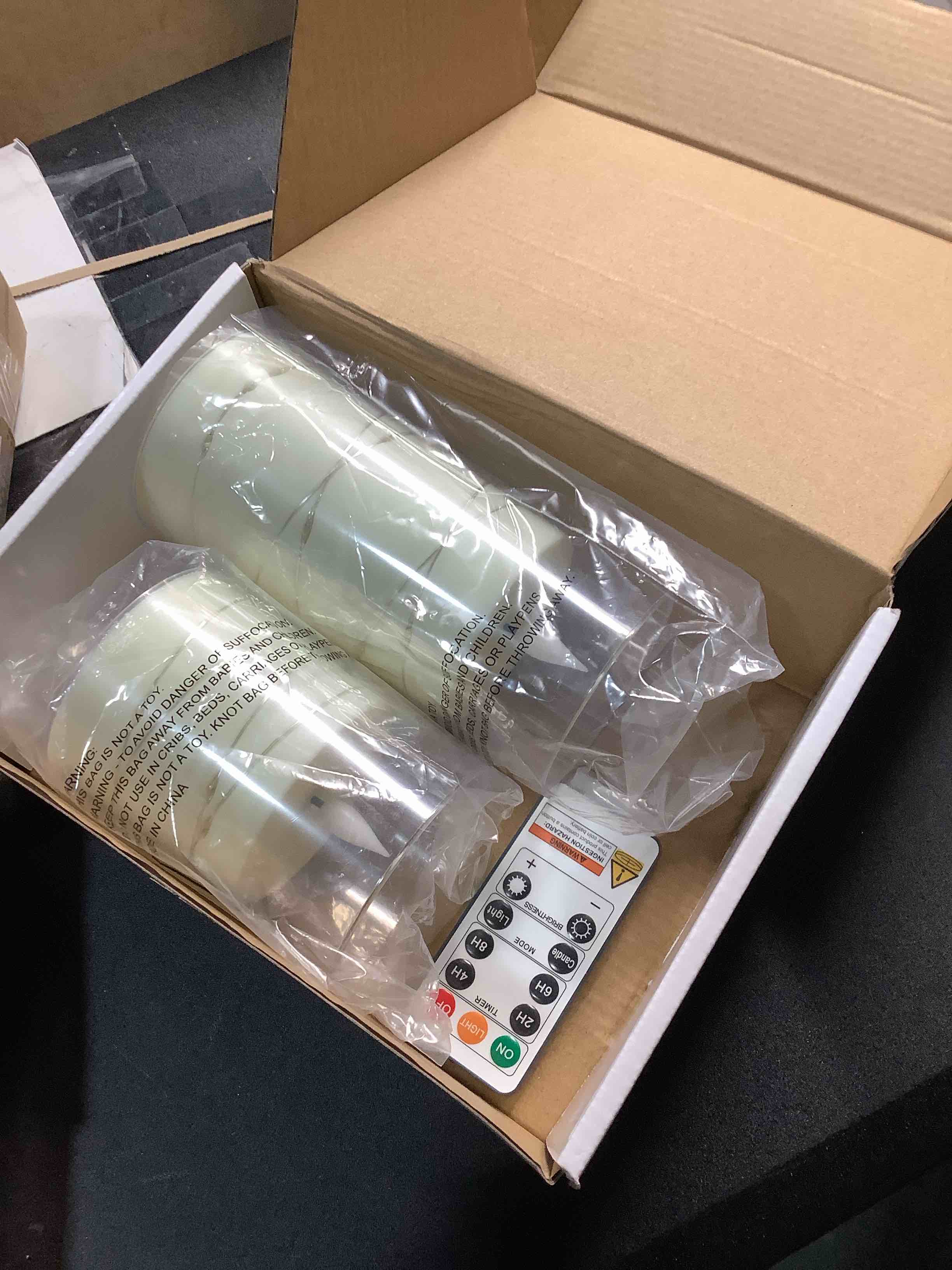 Condition photo showing As Is for amagic led flameless candles, battery operated candles with embedded fairy lights, acrylic fake candles with remote and timer for wedding home decor, ivory white, set of 3, d3 x h4 5" 6"