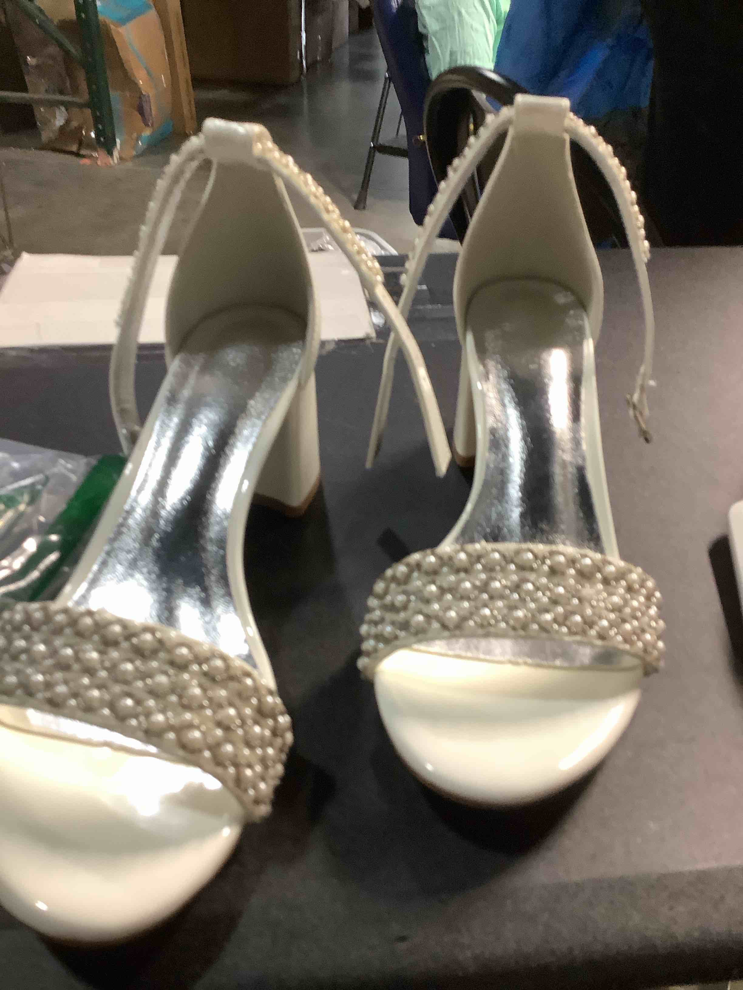 Condition photo showing Good Condition for Block Heels Pearls Wedding Sandals Open Toe Ankle Strap Evening Party Summer Shoes 7 Ivory-6cm