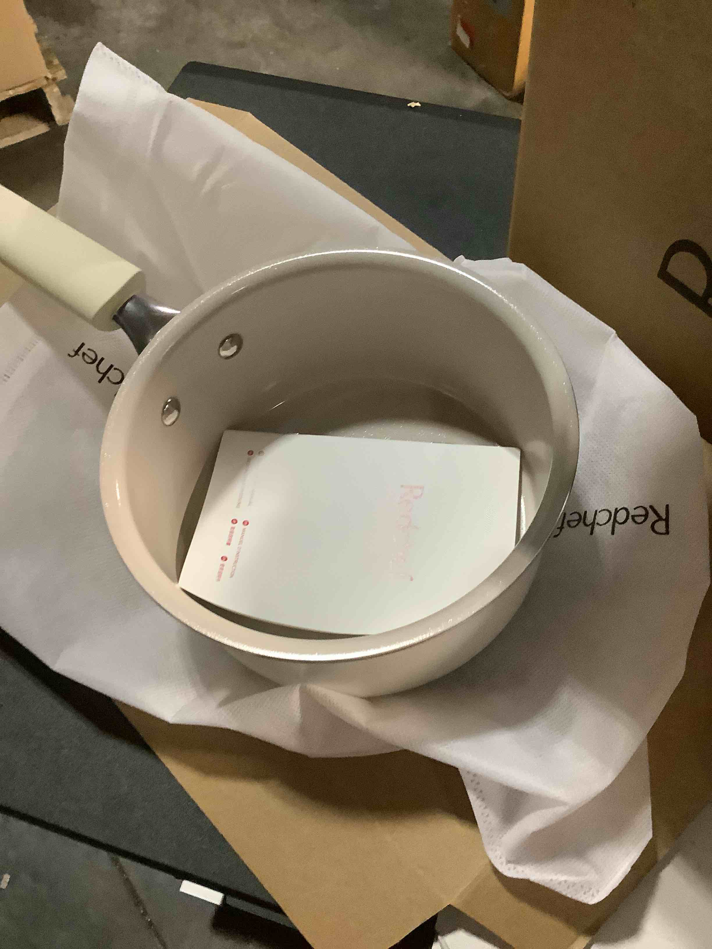 Condition photo showing Good Condition for Redchef Ceramic Nonstick Saucepan with Lid, 1.5QT Small Cooking Pot, Non Toxic Sauce Pans for Kitchen, Cool Handle PFAS Free Compatible with All Cooktops, White 1.5 Quarts Cream