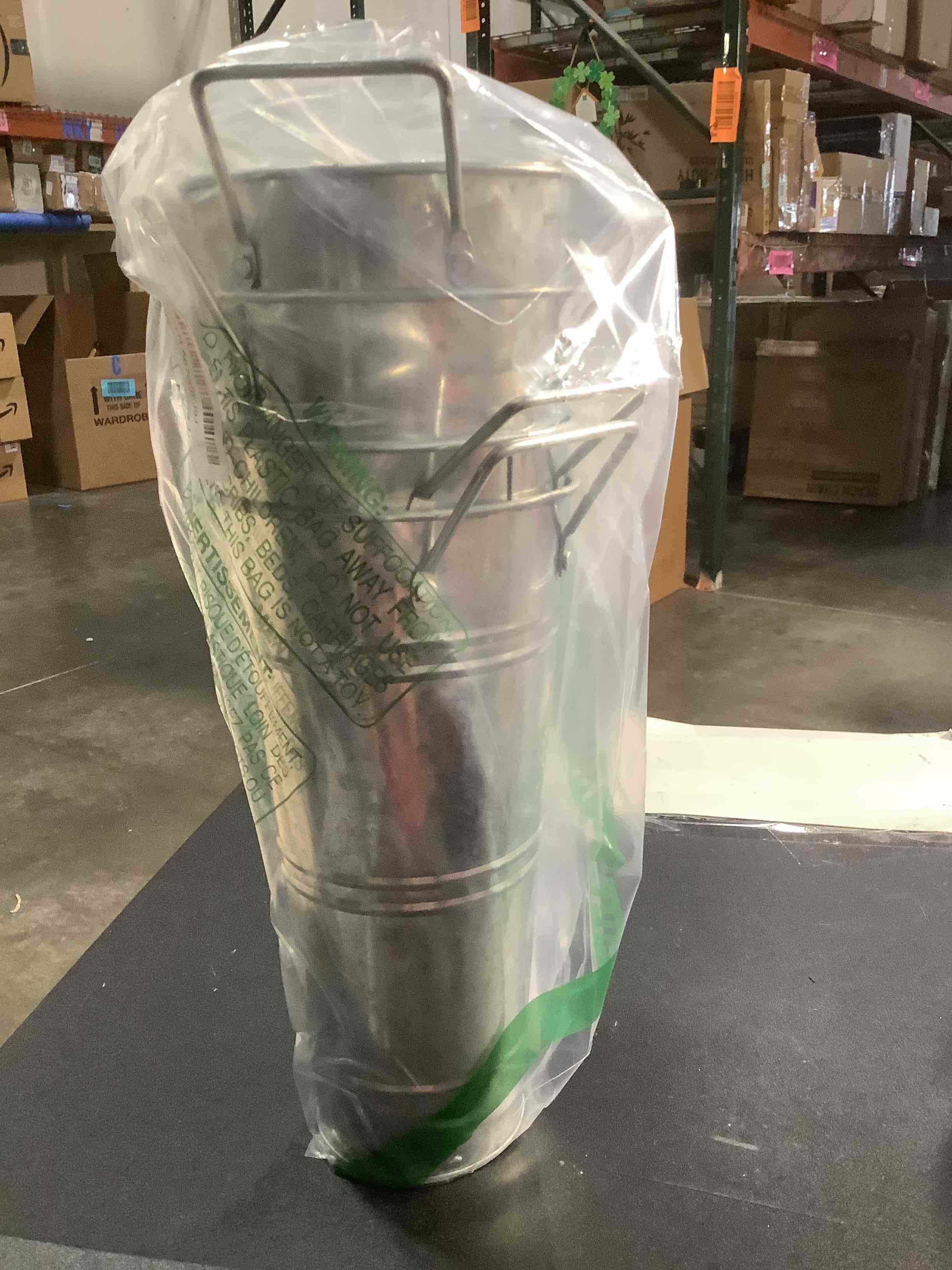 Condition photo showing Good Condition for ZOOFOX Set of 4 Galvanized Metal Vases, 9" Farmhouse French Bucket with Handles, Rustic Style Metal Flower Holder for Home and Wedding Table Centerpiece Decor, with Plastic Liner/Insert Included