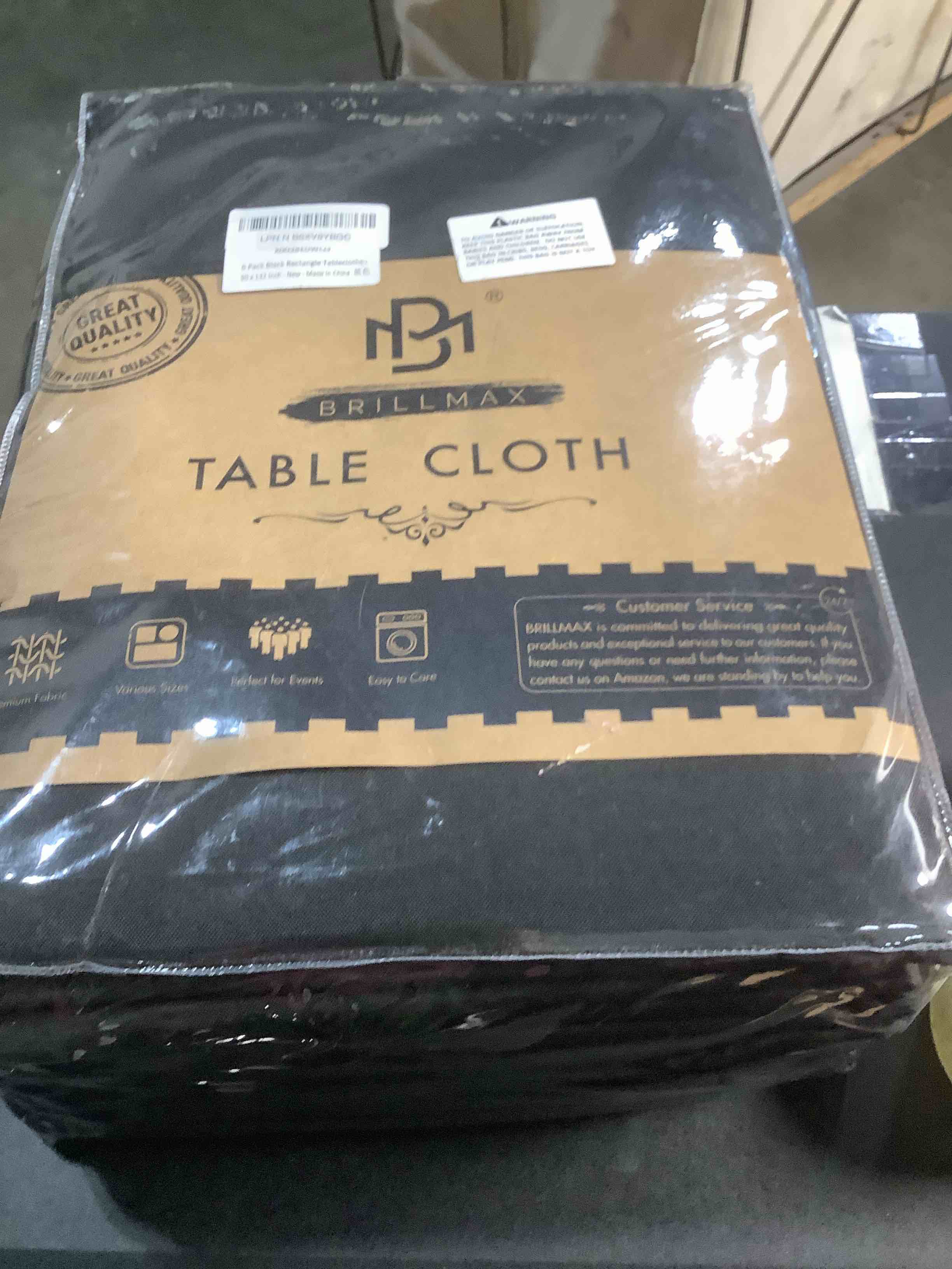 Condition photo showing Good Condition for BRILLMAX 6 Pack Black Tablecloths for 6 Foot Rectangle Tables 90 x 132 Inch - 6ft Rectangular Bulk Linen Polyester Fabric Washable Cloth Cover for Wedding Reception Banquet Birthday Party Black 90x132 In, 6 Pack