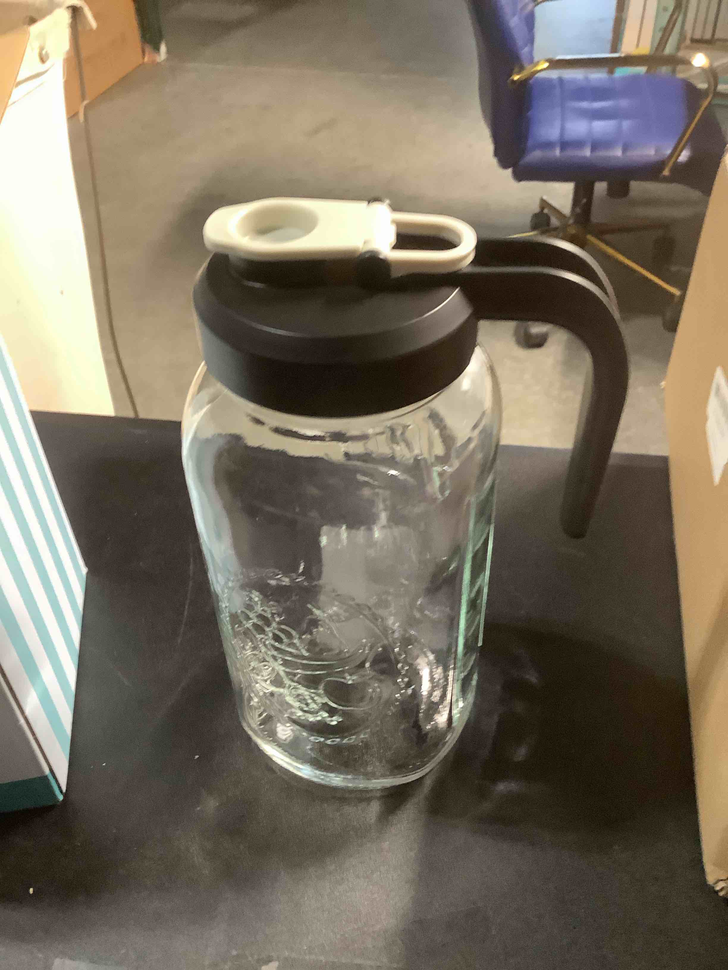 Condition photo showing Good Condition for 2 Quart Glass Pitcher with Lid - Mason Jar Pitcher with Filter Lid, Wide Mouth Jar Leak-proof Water Jug, Heavy Duty Glass Container for Water, Juice, Milk, Tea, Iced Coffee, and Drinks 1