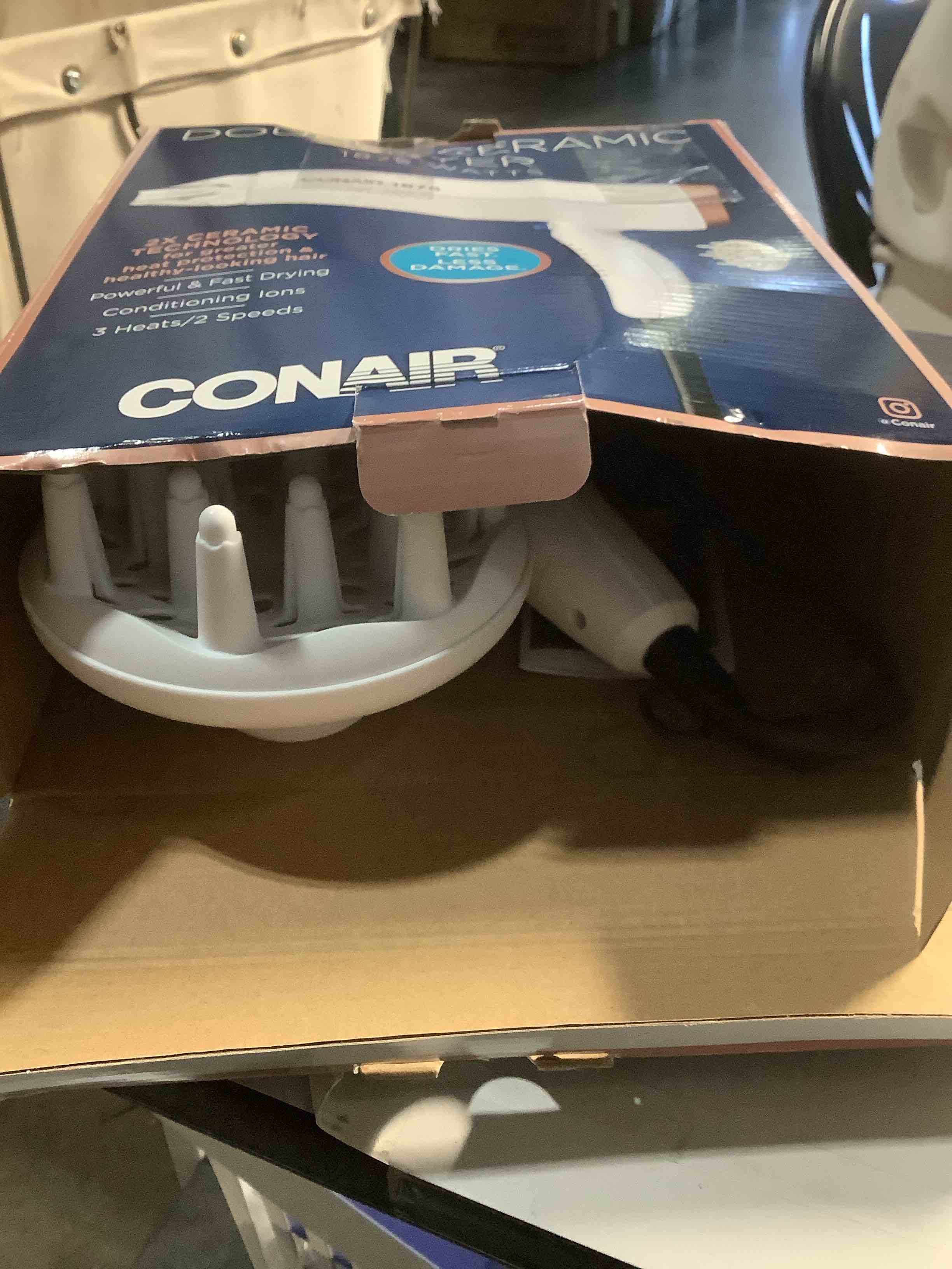 Condition photo showing Good Condition for Conair Double Ceramic Hair Dryer, 1875W Blow Dryer with Diffuser and Concentrator, Ionic Conditioning, 3 Heat & 2 Speed Settings, Amazon Exclusive, White White With Bonus Diffuser 1 Count (Pack of 3)
