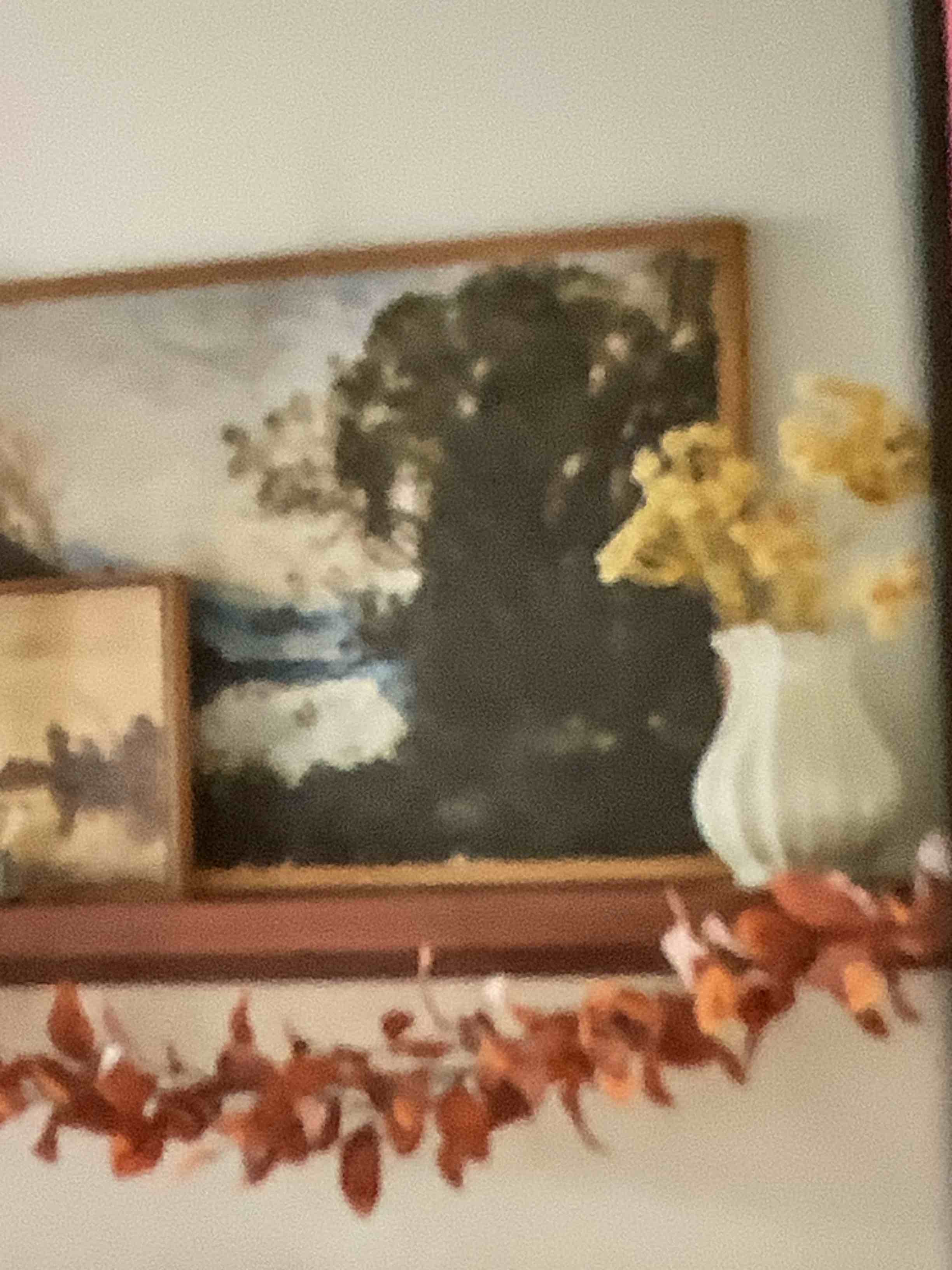 Condition photo showing Good Condition for 24” x 32” horizontal landscape lake burlap framed wall art