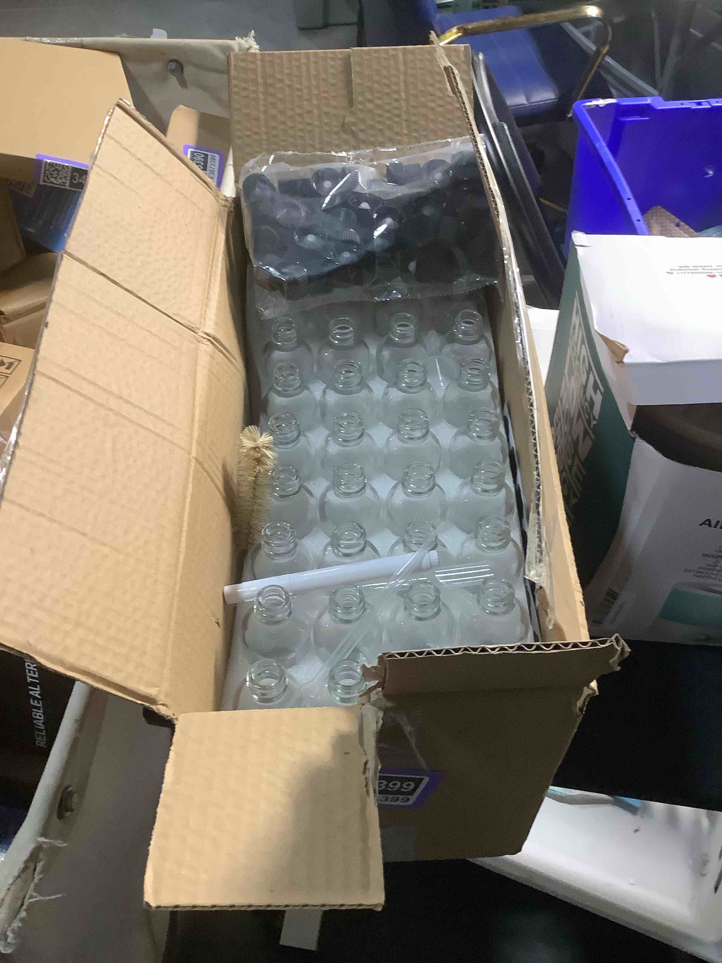 Condition photo showing Good Condition for 72, 2oz Small Clear Glass Bottles with Lids Boston Round Sample Bottles for Essential Oil Vanilla Hot Sauce Juice Whiskey Bourbon Liquid come with 5 Funnels,5 Droppers,72 Labels,1Brush&Chalk Marker 2OZ 72PCS