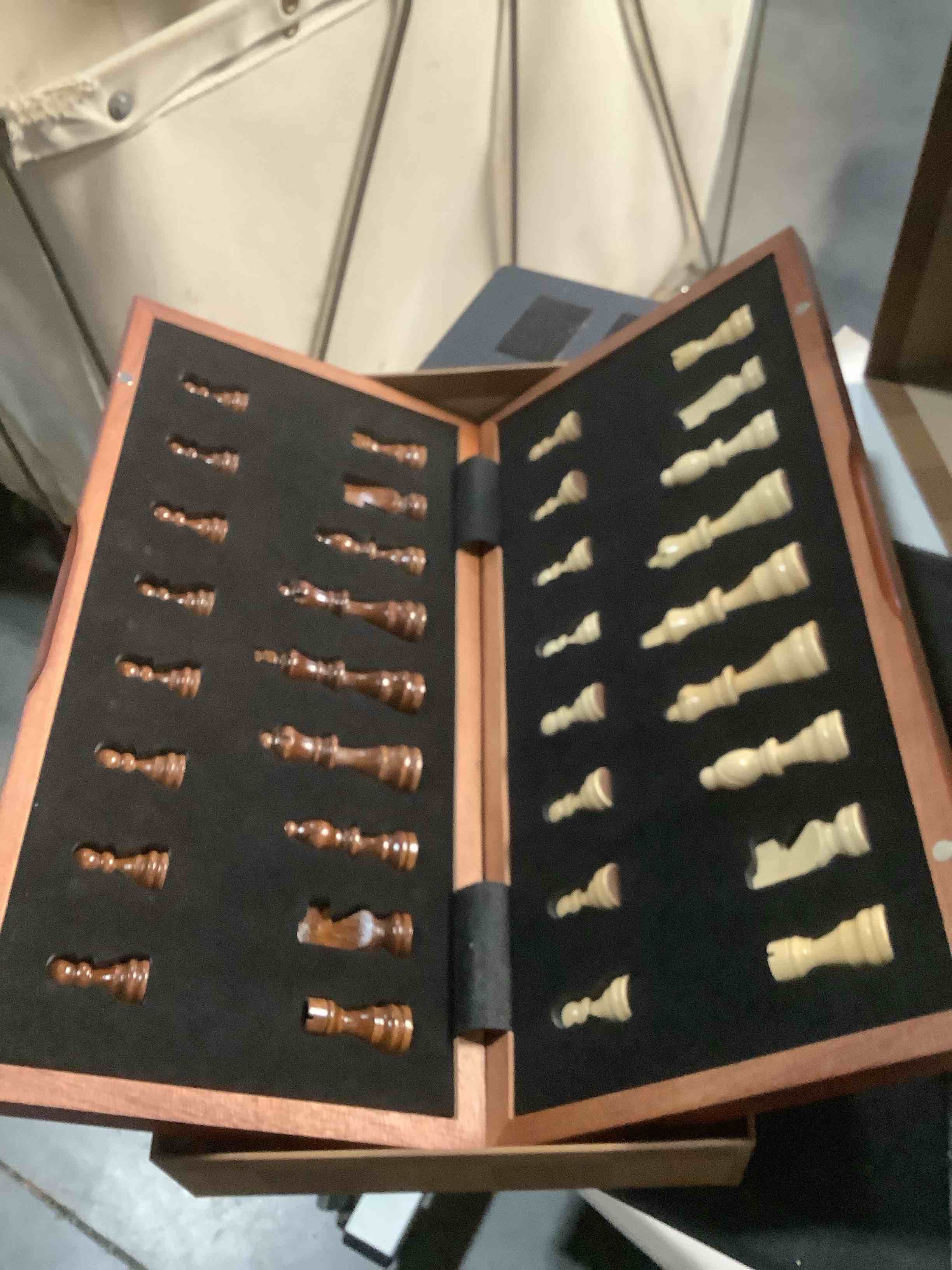 Condition photo showing Good Condition for AMEROUS 15'' Magnetic Wooden Chess Set -Folding Board -2 Extra Queens -Chessmen Storage Slots -Gift Package, Travel Chess Board Game Sets for Kids and Adults