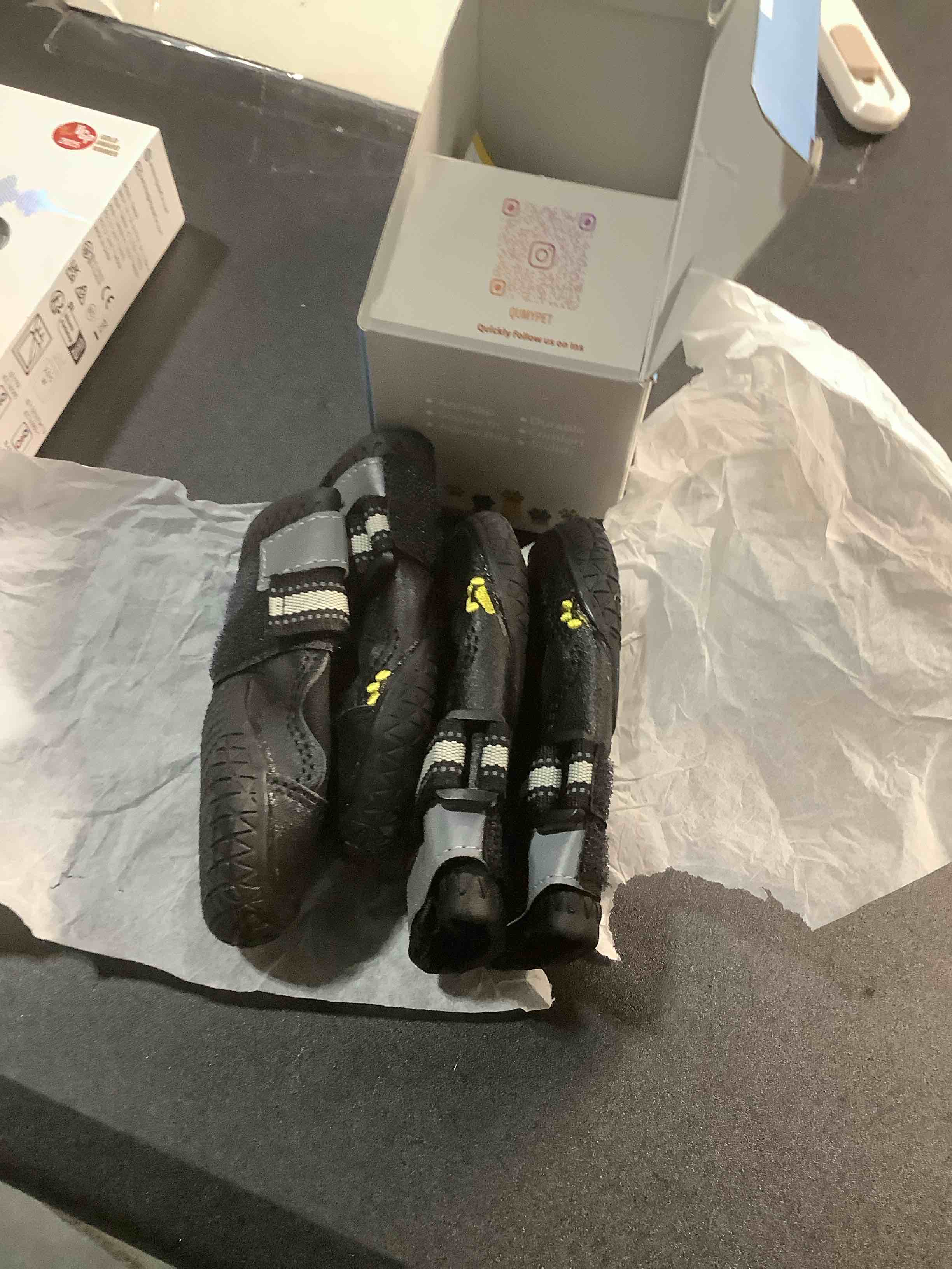 Condition photo showing Good Condition for QUMY Dog Shoes for Large Dogs, Medium Dog Boots & Paw Protectors for Winter Snowy Day, Summer Hot Pavement, Water-Resistant in Rainy Weather, Outdoor Walking, Indoor Hardfloors Skid-Resistant Sole Black Size 1: 1.8''x2.3''(W*L) (Pack of 4)