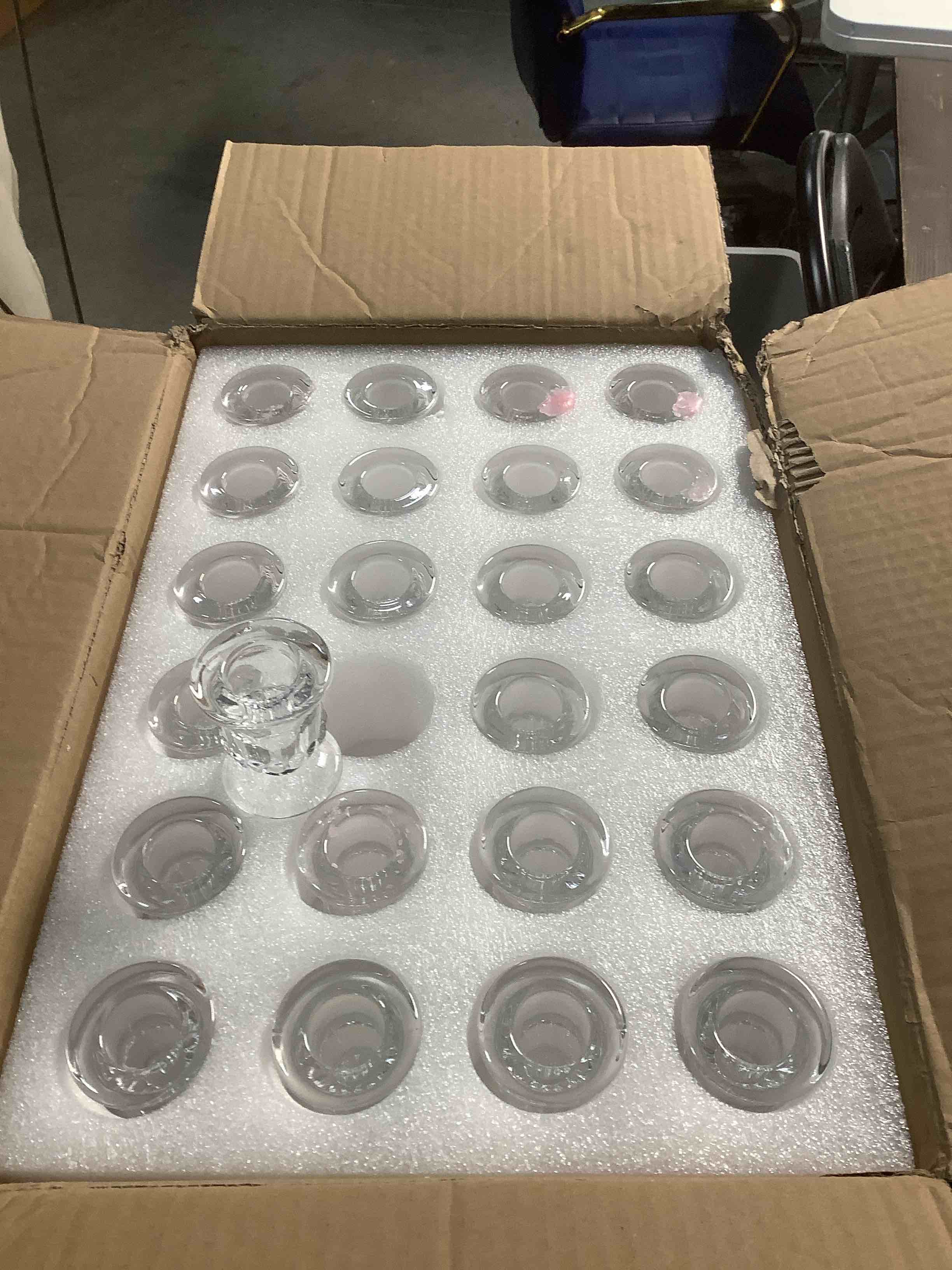 Condition photo showing Good Condition for Foaincore 48 Pcs Glass Candlestick Holders Bulk 2.5 Inch Taper Candle Holders Small Ritual Candle Stand Table Centerpieces for Wedding Valentine's Festival Party Dining Decorations Clear