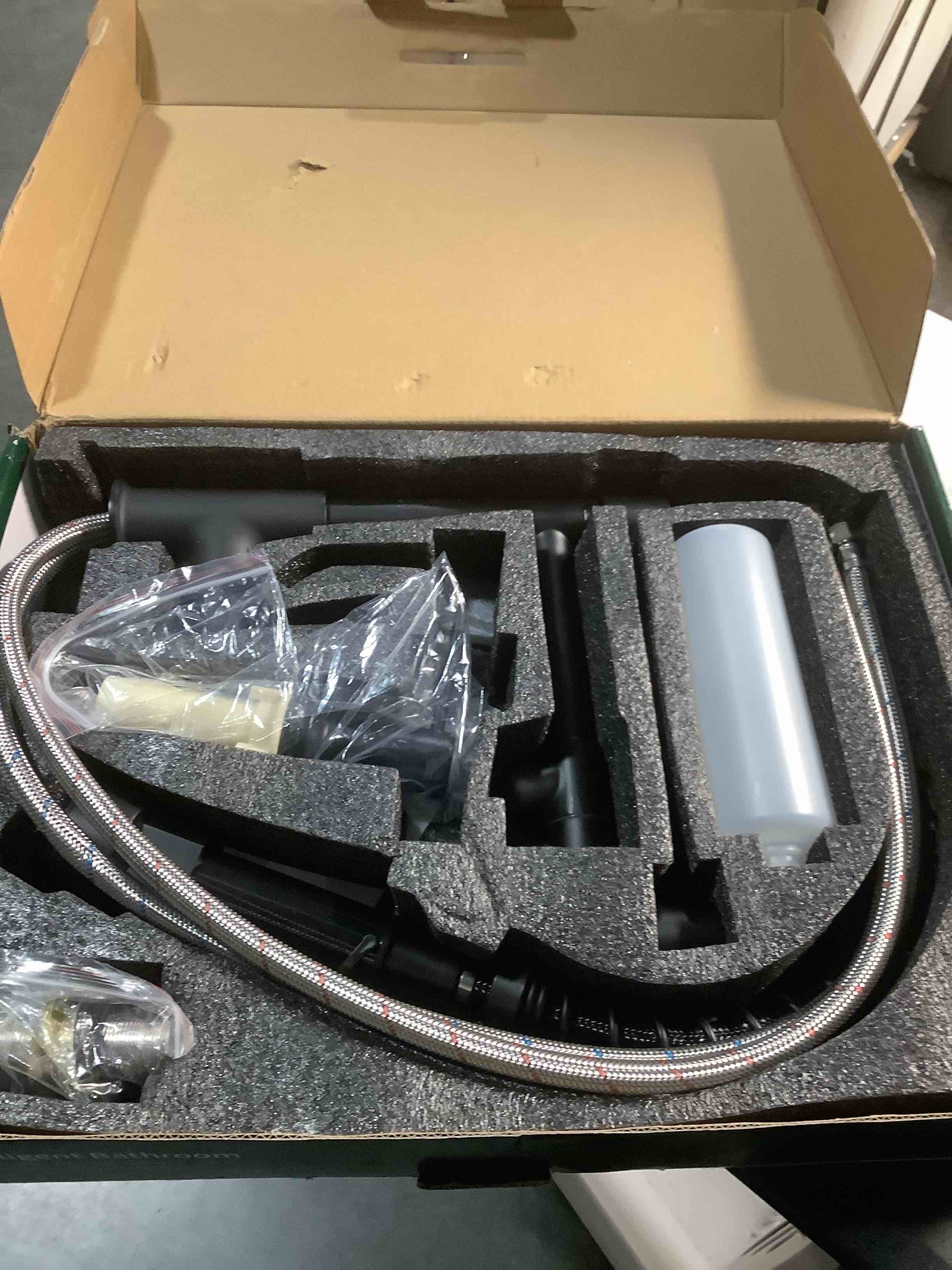 Condition photo showing Good Condition for Kitchen Faucet with Soap Dispenser, Single Handle Spring Kitchen Sink Faucets with Pull Down Sprayer and Deck Plate,Black Faucet for Camper Farmhouse RV Kitchen Sink,Dual Function Spray Head 1.Faucet+Soap Dispenser+Hole Cover A.Matte Black