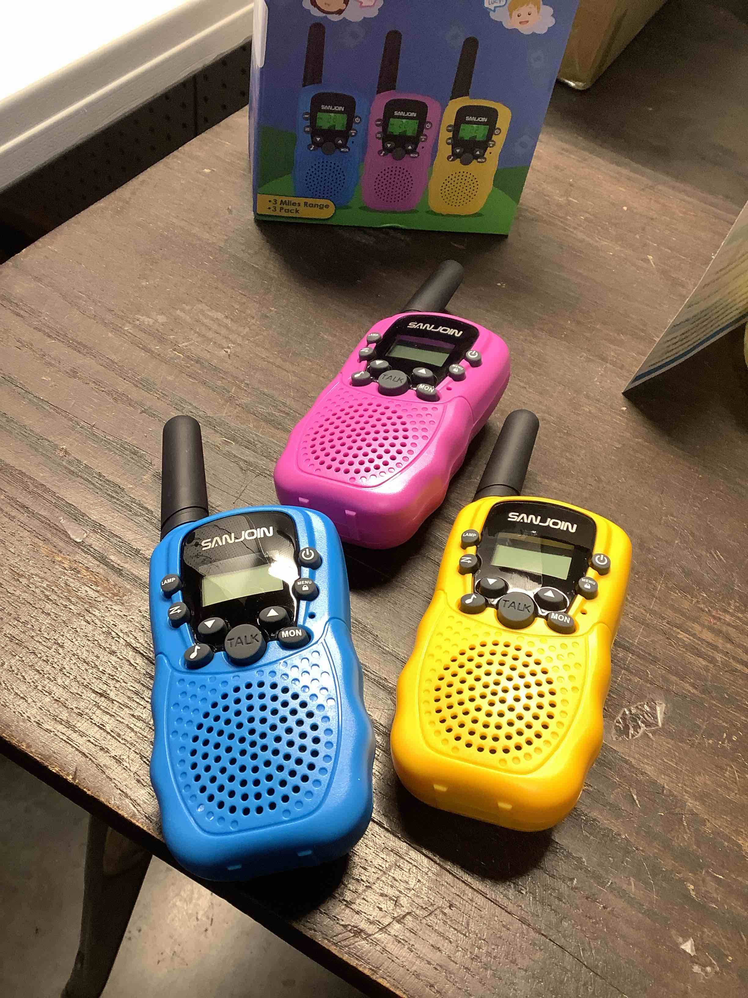 Condition photo showing Good Condition for Walkie Talkies for Kids Easter Basket Stuffers Toys for Boys Girls 4-6, 3 Miles Range Walkie Talkie to Camping, Outdoor, 4 Year Old Girl Birthday Gifts for 3 4 5 6 7 8 9 Year Old Boy Girl Gifts Blue&Pink&Yellow