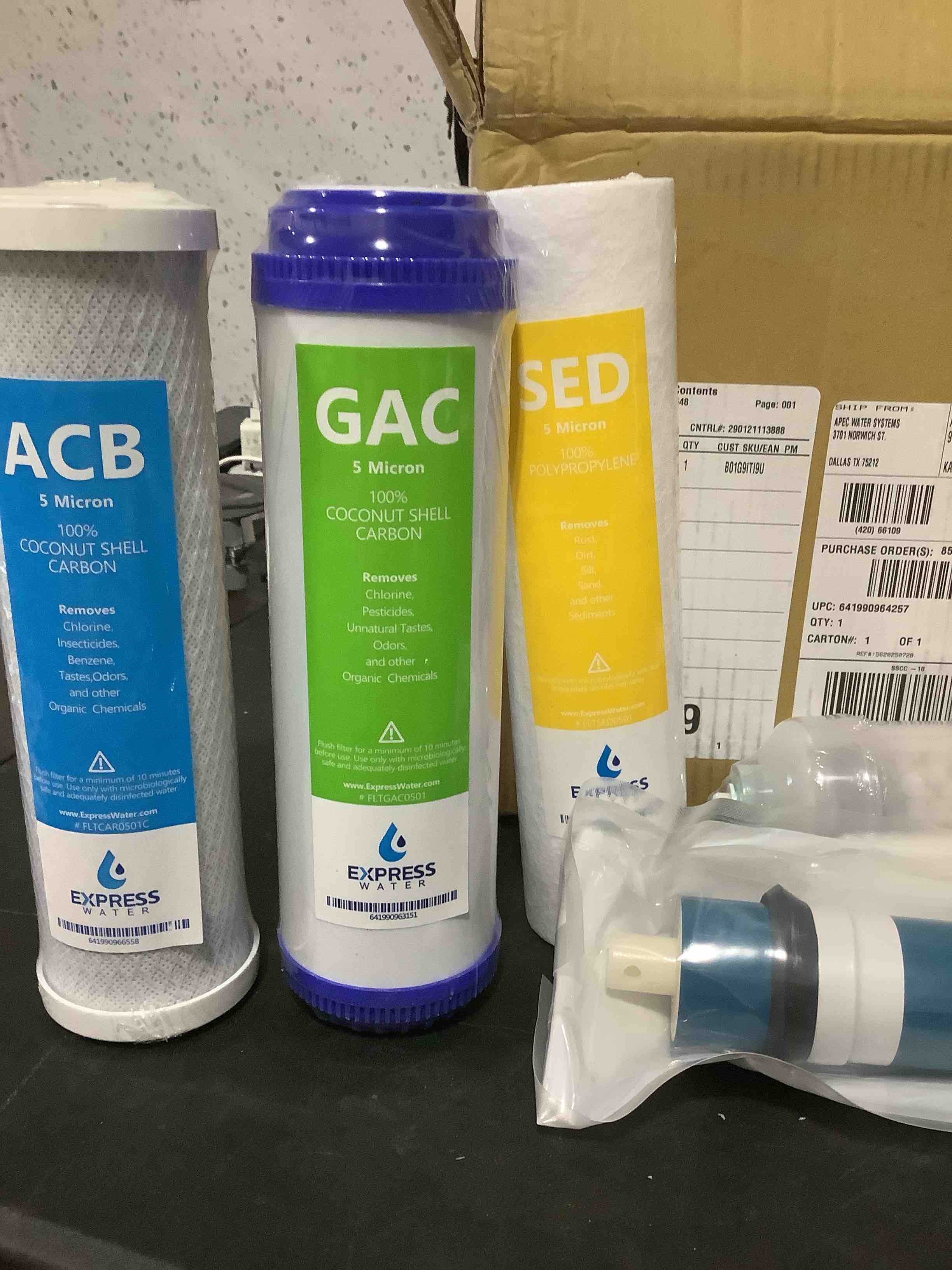 Condition photo showing Good Condition for express water – 6 months reverse osmosis system replacement filter set – 5 filters with 100 gpd ro membrane, carbon gac, acb, pac filters, sediment sed filters – 10 inch size water filters…