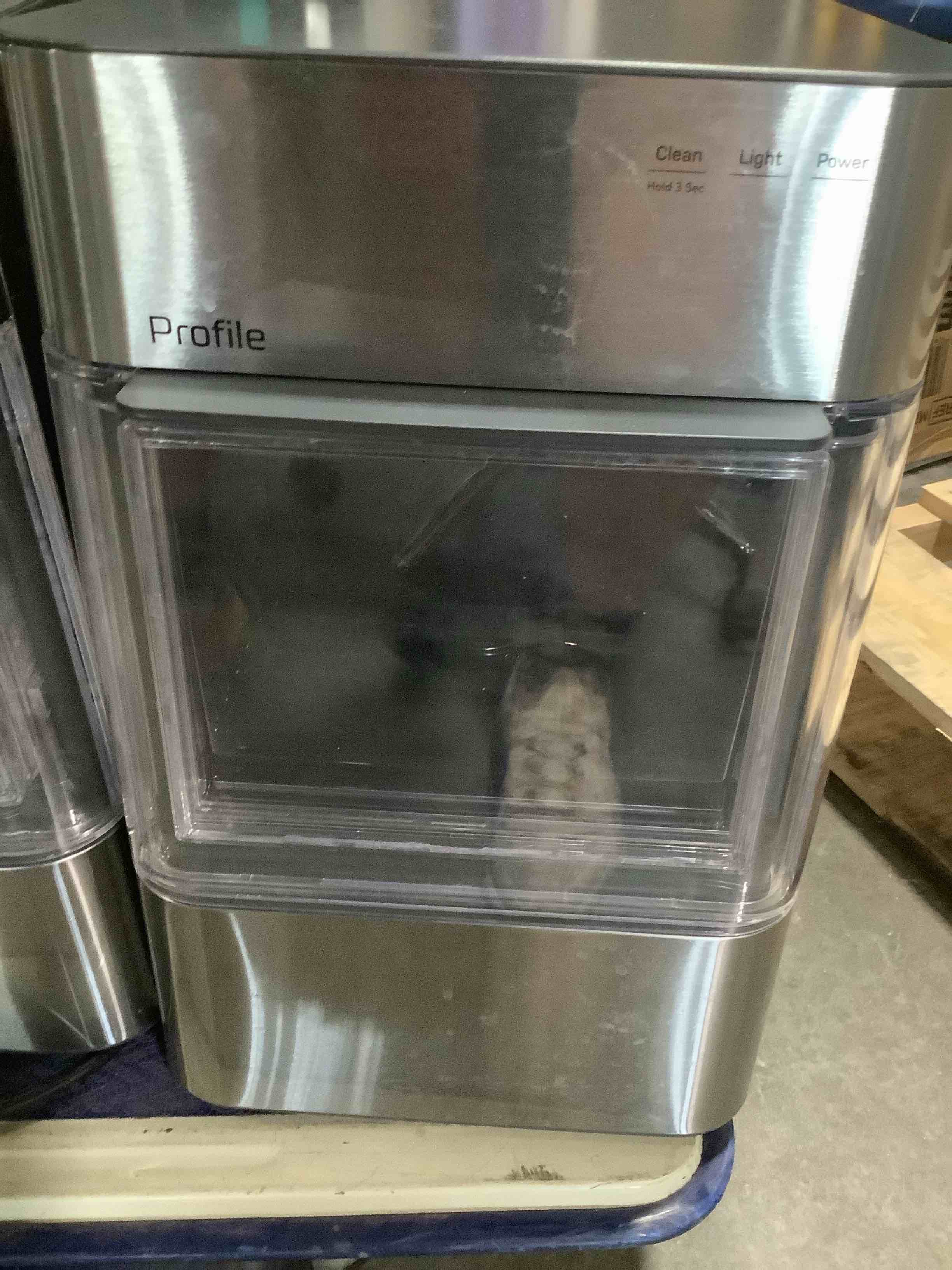 Condition photo showing As Is for ge profile opal 2.0 ultra nugget ice maker with scale inhibiting filter, scoop included, 38 lbs in 24 hours, pellet ice machine with wifi & smart connected, stainless steel (renewed)