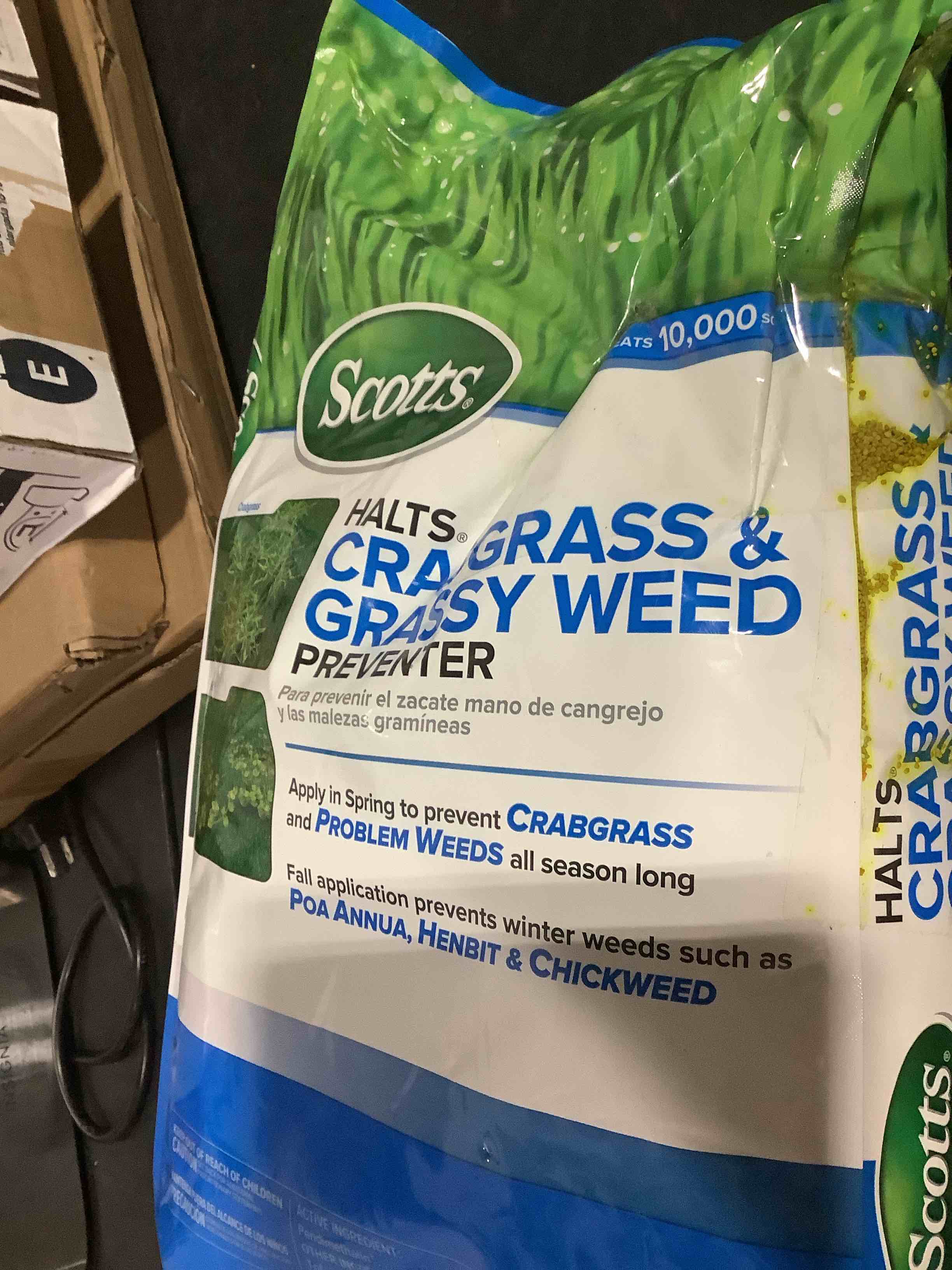 Condition photo showing As Is for scotts halts crabgrass & grassy weed preventer, pre-emergent weed killer for lawns, 10,000 sq. ft., 20.12 lbs. 10,000 sq ft