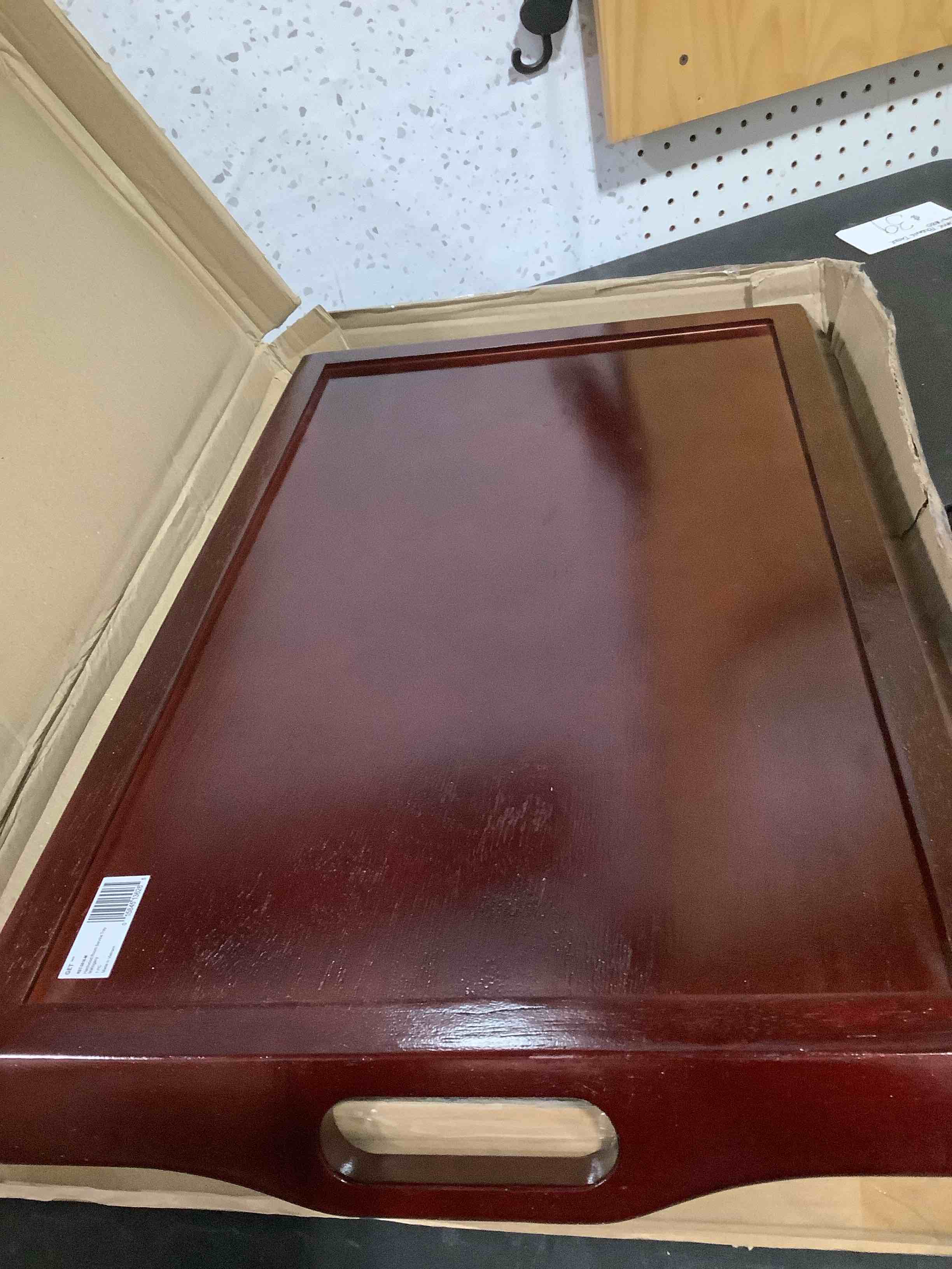 Condition photo showing Good Condition for g.e.t. rst-2516-m 25" x 16" hardwood room service tray-mahogany, 25 inches x 16 inches 25" x 16" x 4" mahogany