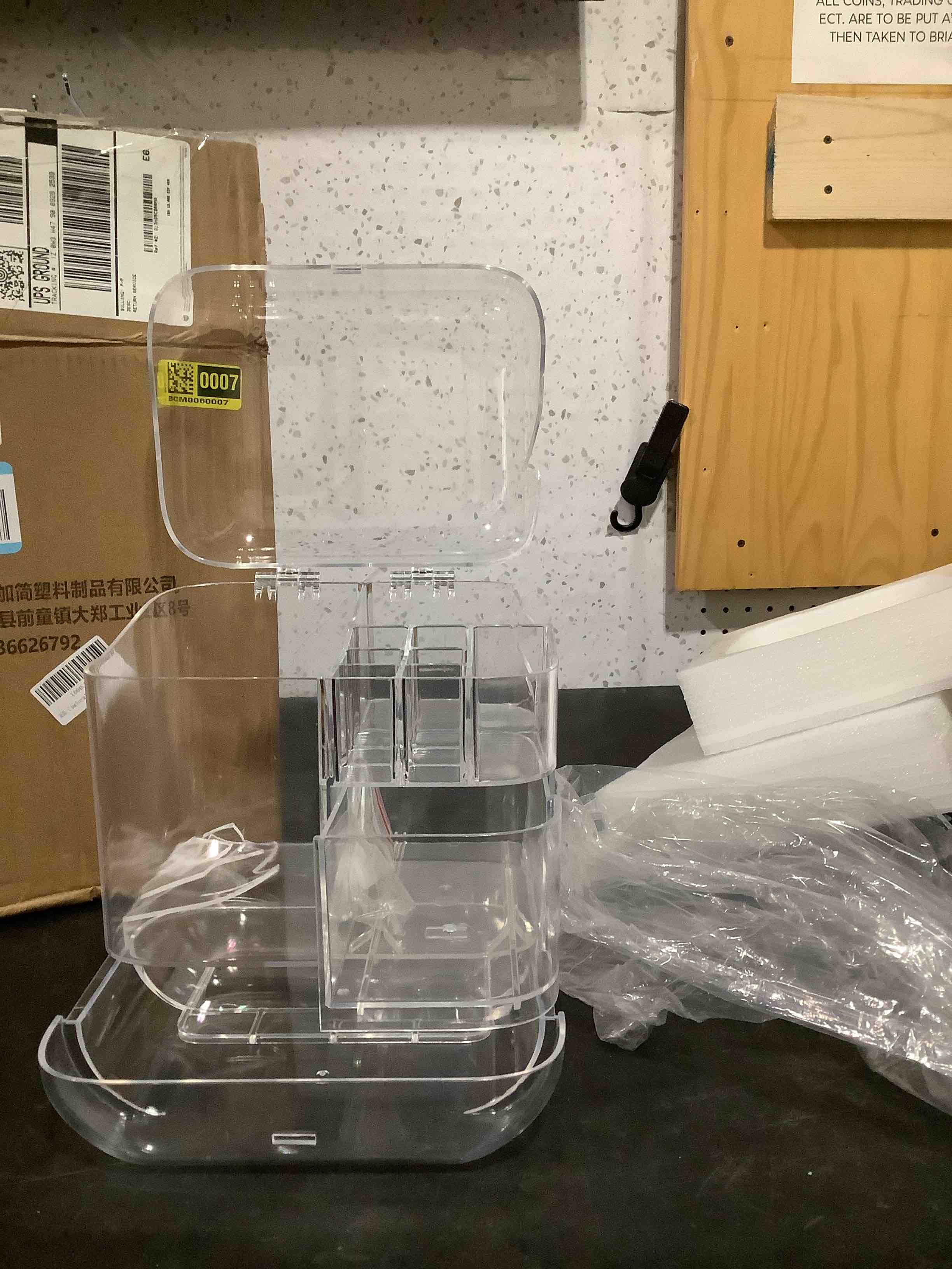 Condition photo showing As Is for clear acrylic pen organizer, desktop storage box with multiple compartments, makeup brush storage organizer for office school home supplies