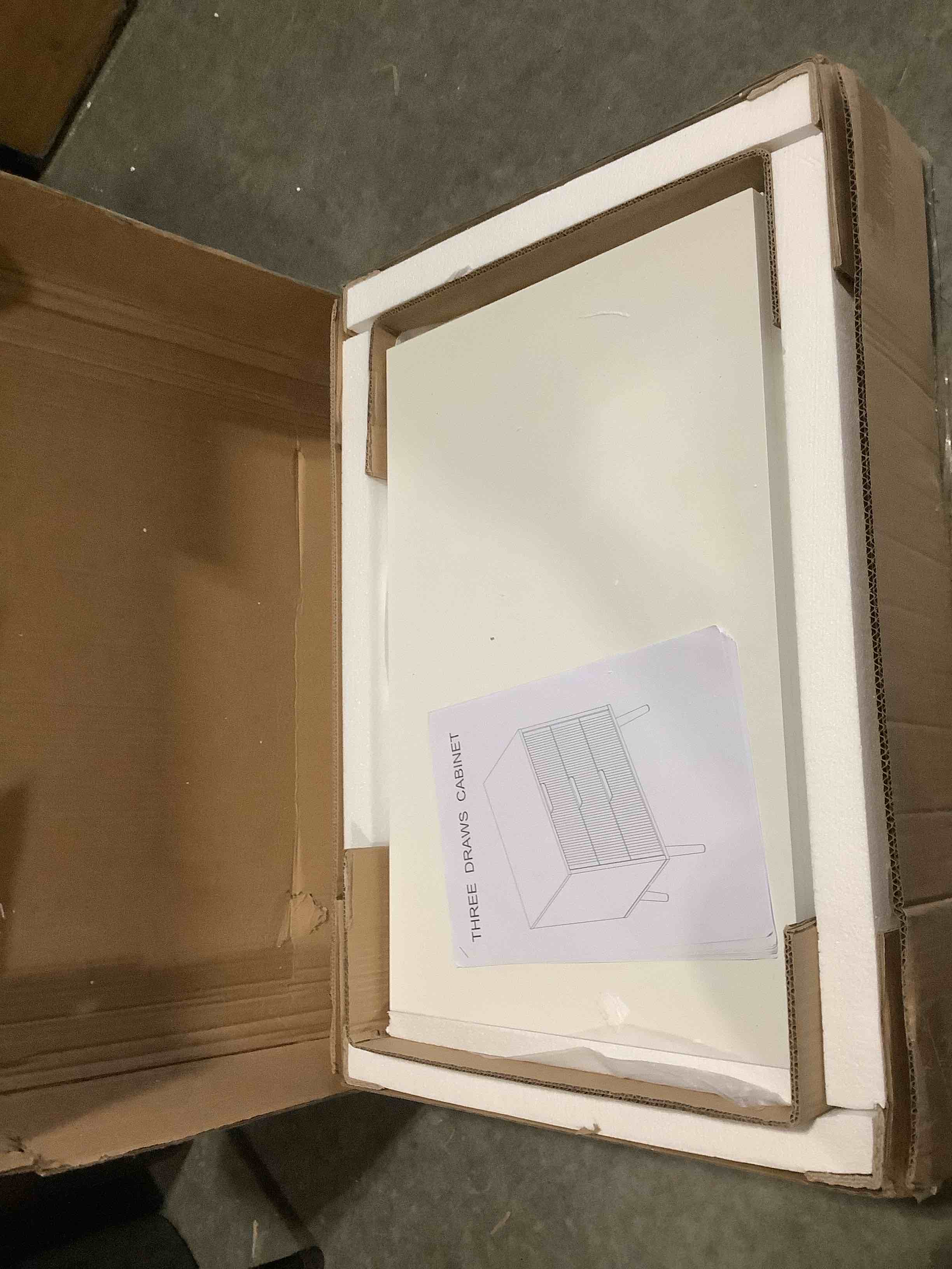 Condition photo showing Good Condition for 3 drawer dresser for bedroom, modern nightstand with wide top, chest of drawers with deep drawers, wooden dresser, side table for living room, hallway, kids room, white