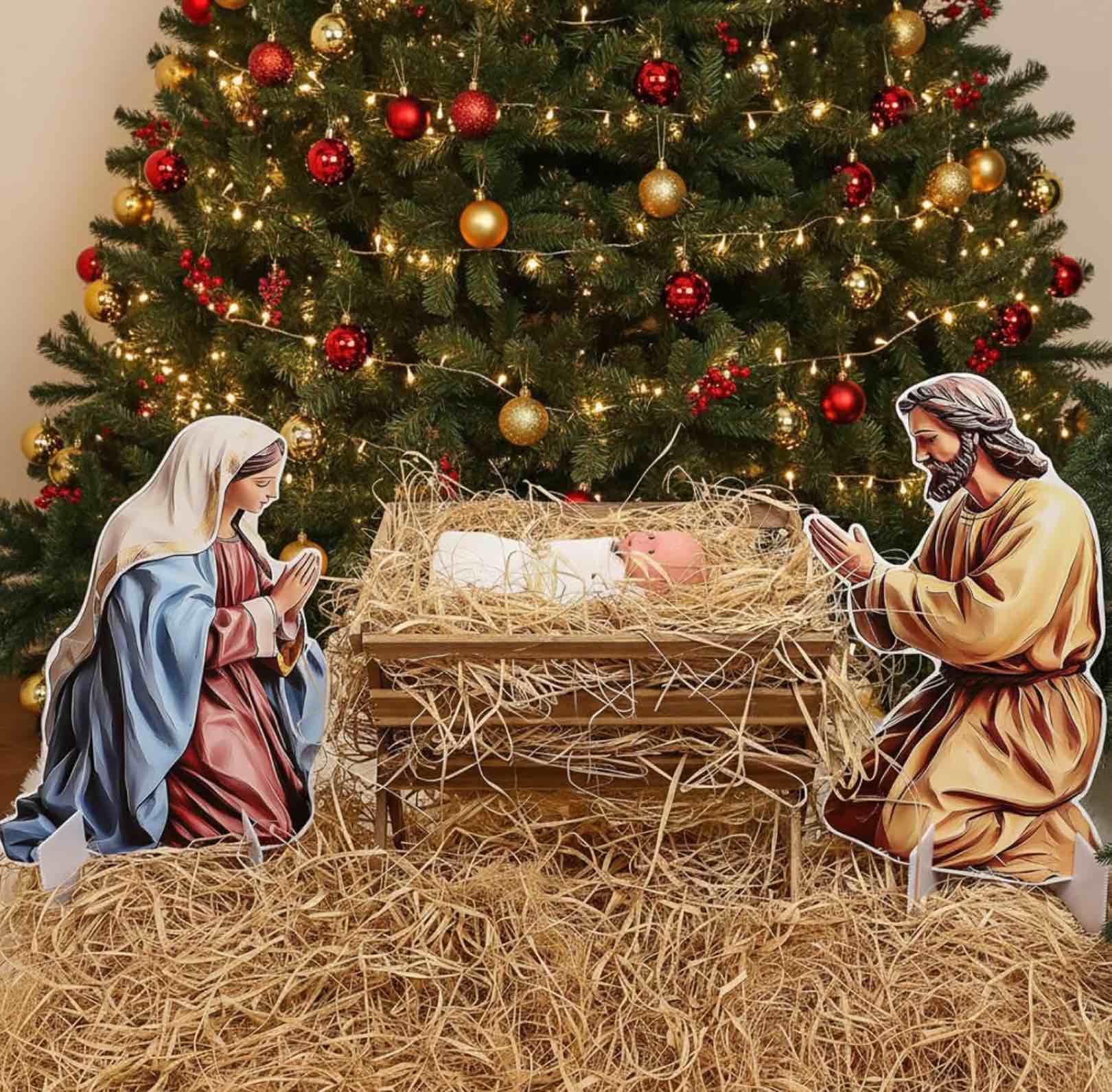 Chunful 10 Pcs Large Nativity Scene Set 19 Inch Wooden Manger Baby Jesus Holy Family with Light Nacimiento De Jesus Decor Traditional Religious Christmas Indoor Outdoor Decoration