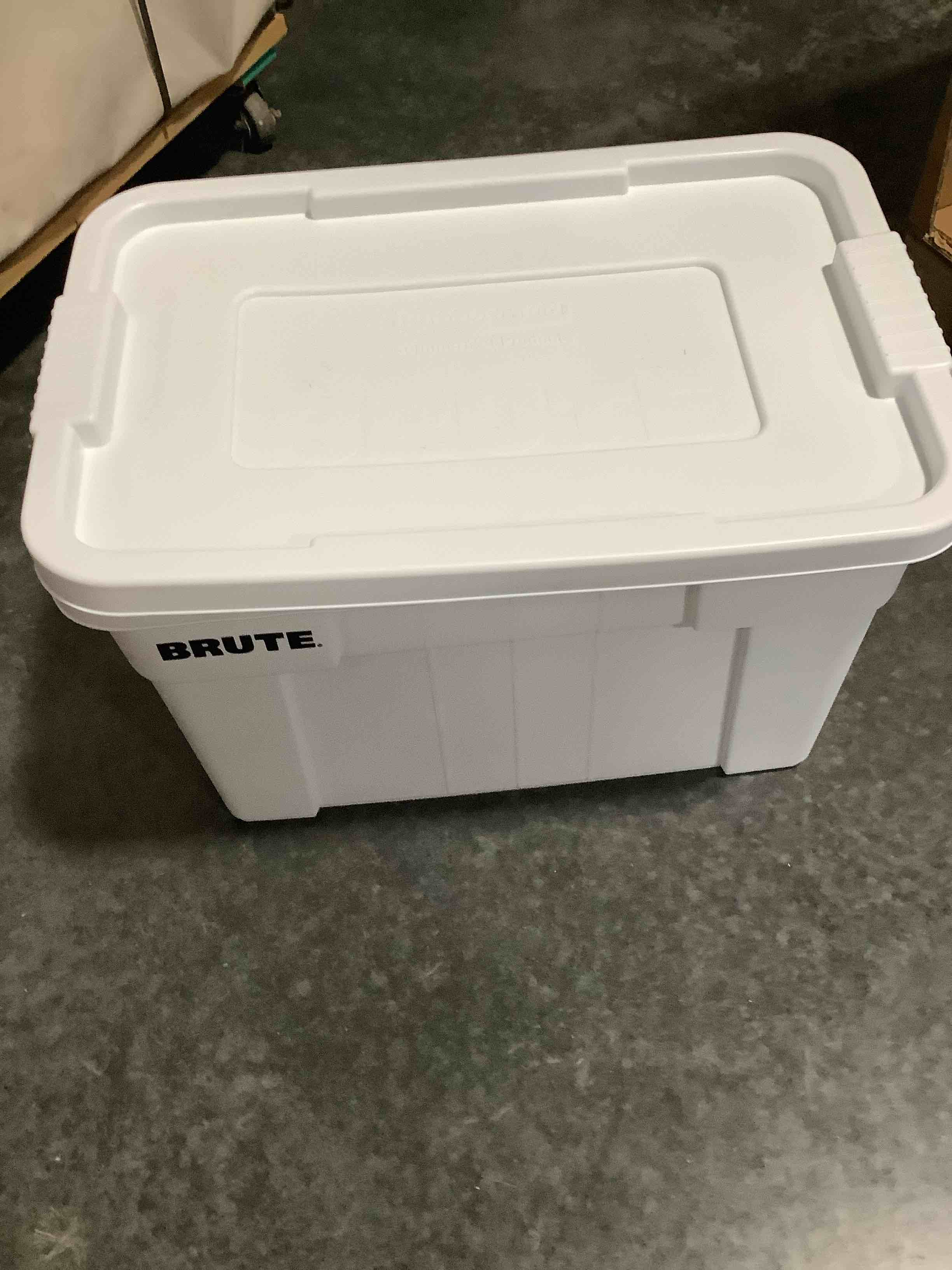 Condition photo showing New/Like New for rubbermaid commercial products brute tote storage container with lid-included, 20-gallon, white, reusable boxes for moving/storing in garage/basement/attic/jobsite/truck/camping