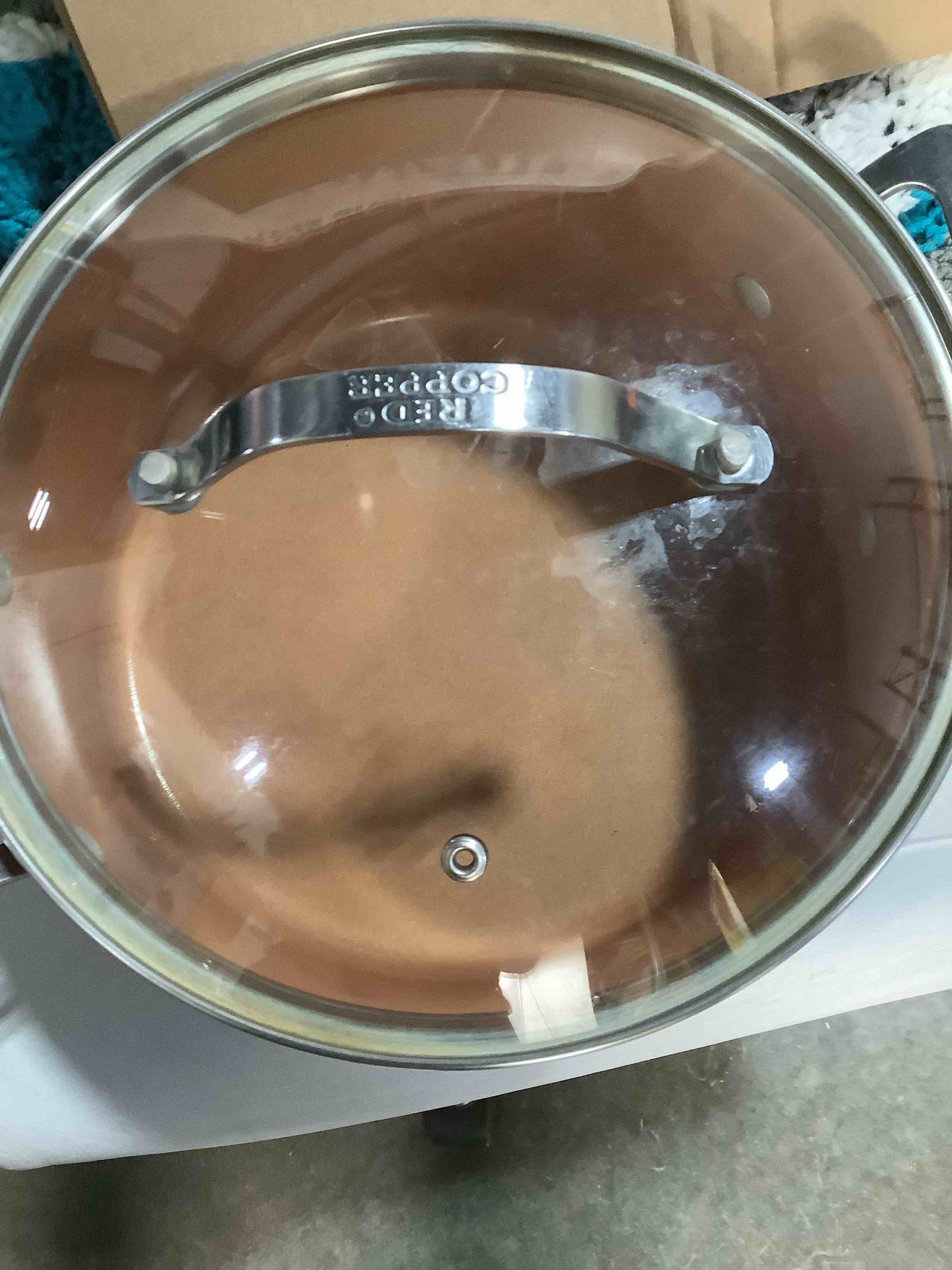 Condition photo showing As Is for similar style pot but different name brand gotham steel 5 quart stock pot multipurpose pasta pot with strainer lid & twist and lock handles, nonstick ceramic surface makes for effortless cleanup with tempered glass lid, dishwasher safe graphite 5 quarts