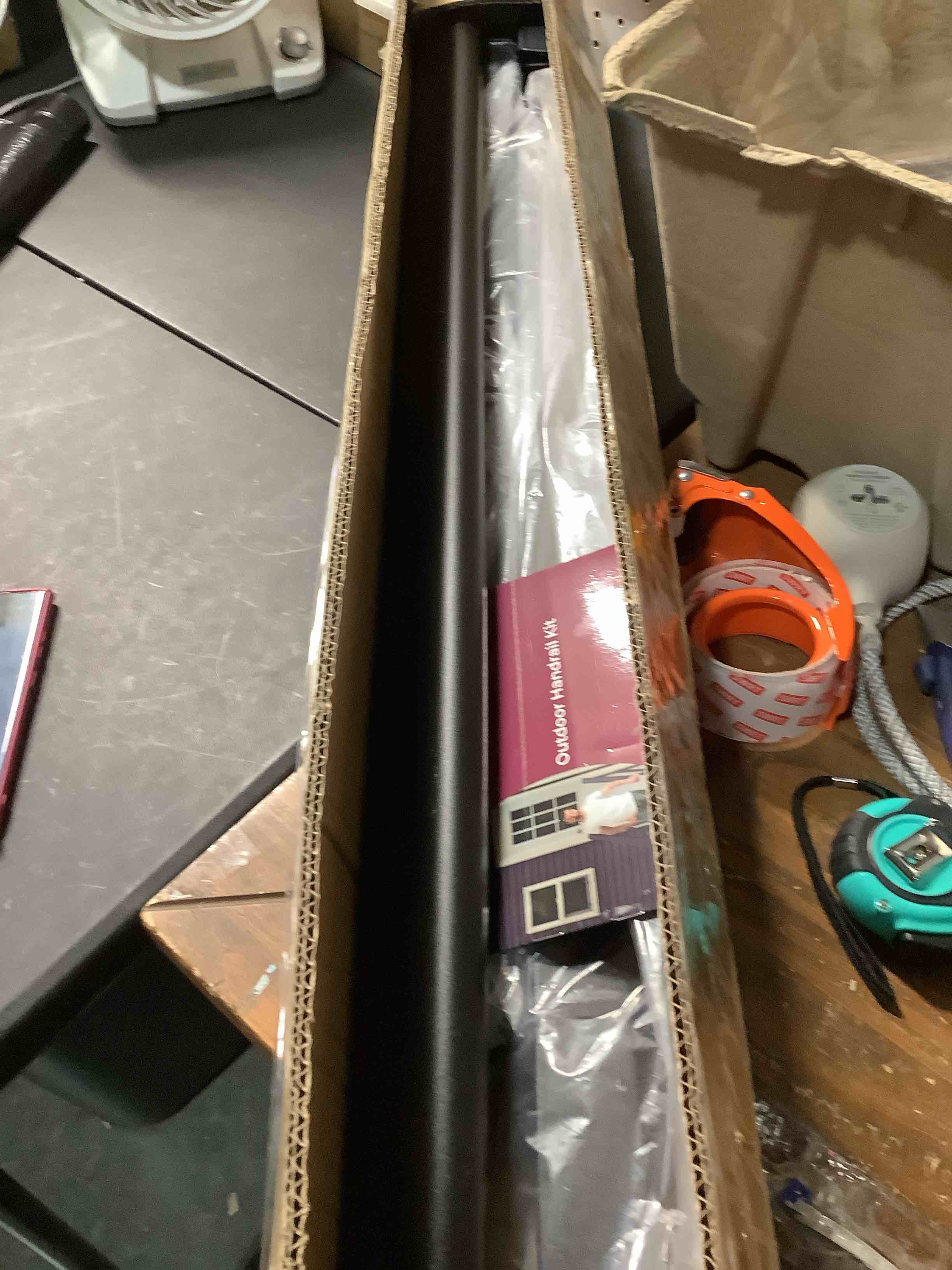 Condition photo showing As Is for hand rails for outdoor steps, 2-5 steps wrought iron handrails for outdoor steps, stair railing for porch, home, garden, indoor, staircase handrails for wooden, cement, brick, marble (3 steps)