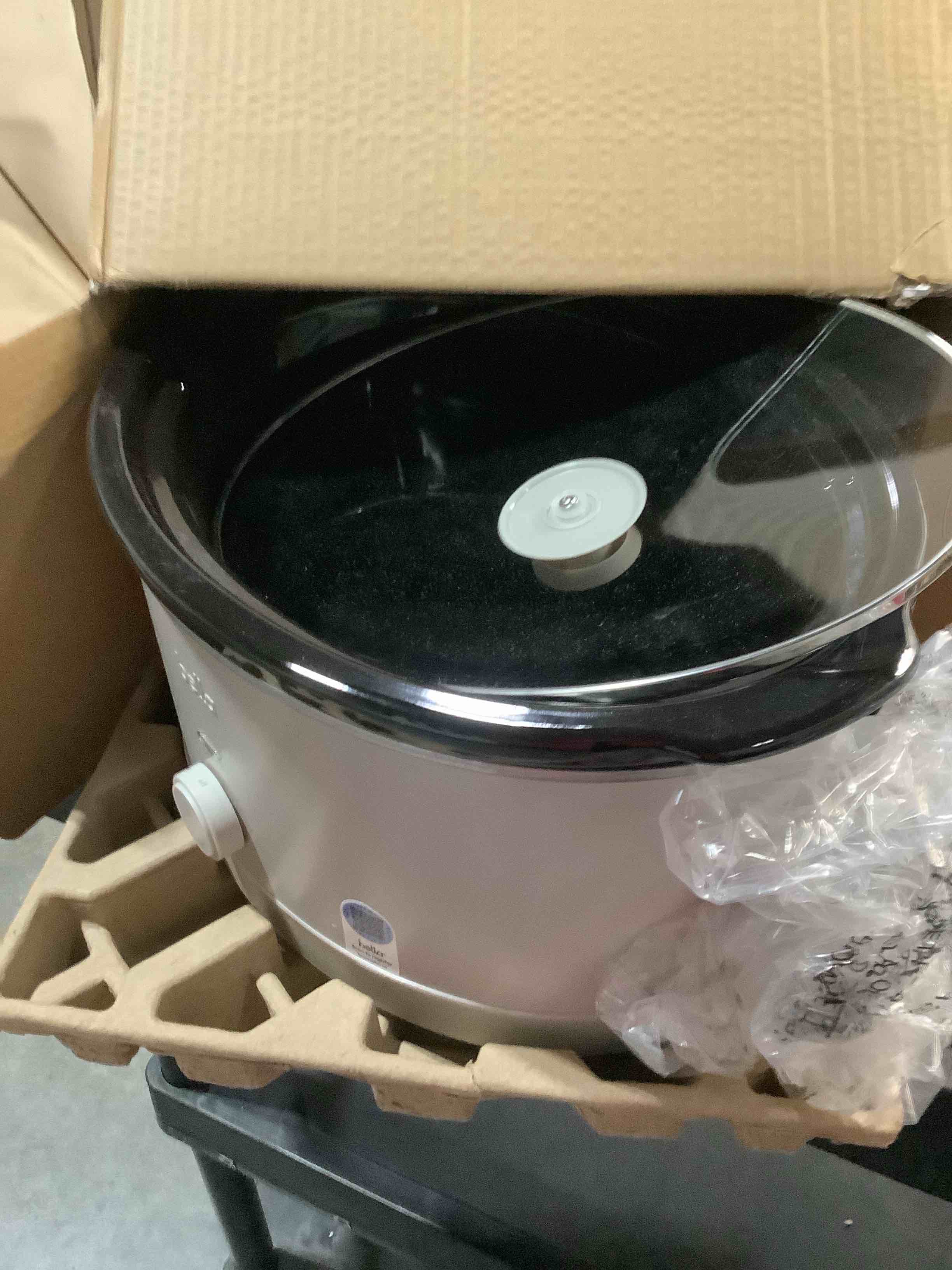 Condition photo showing Good Condition for bella 6.0 qt manual slow cooker, ceramic nonstick coating, 3 temperature settings, dishwasher safe stoneware pot and tempered glass lid, cool touch handles & tangle free cord wrap, oatmilk