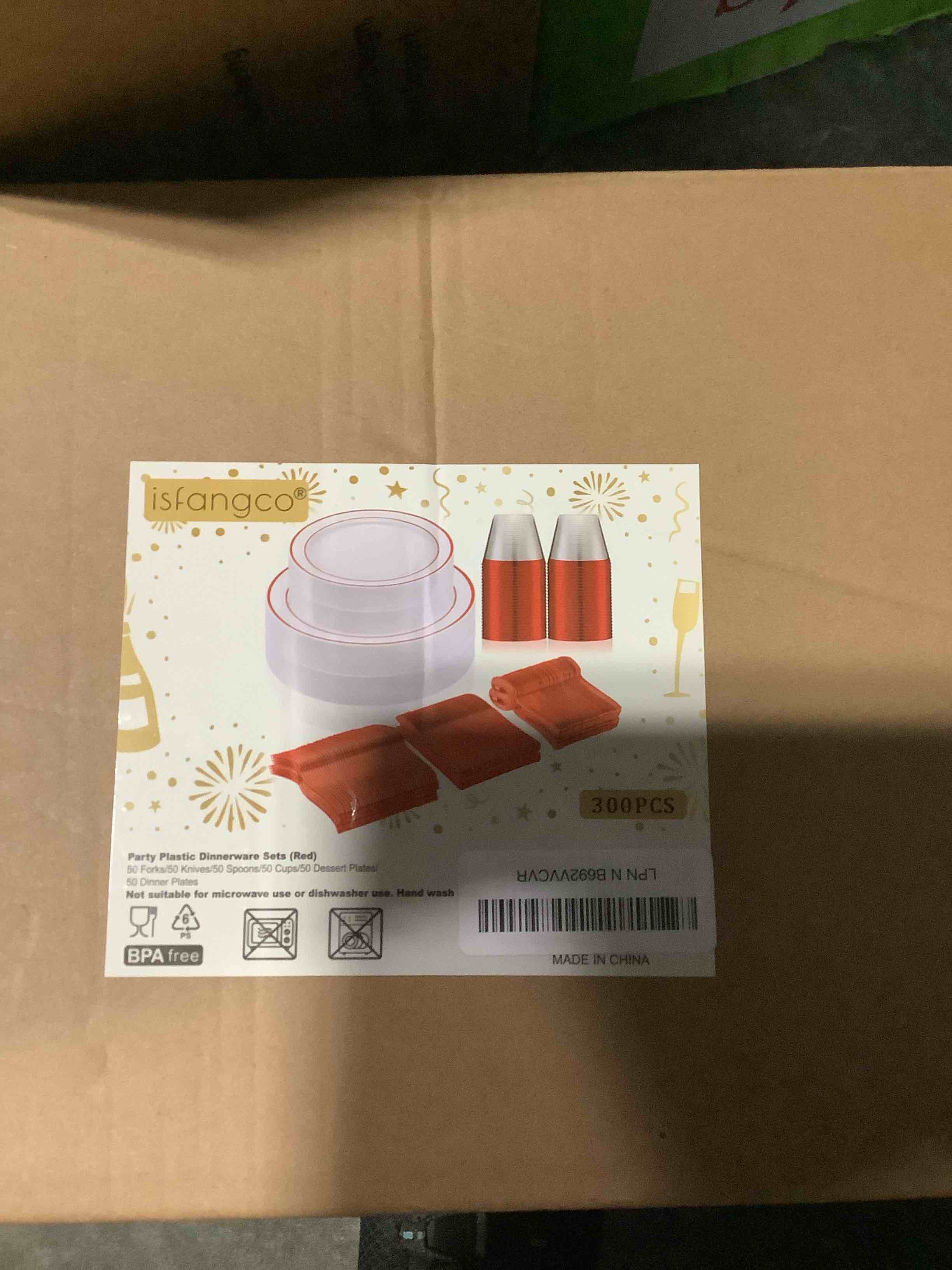 Condition photo showing Good Condition for 300pcs red dinnerware set for 50 guests, white and red plastic disposable plates for party-50 dinner platos,50 dessert plates, 150 silverware set- fancy heavy duty party plate 50 guests red