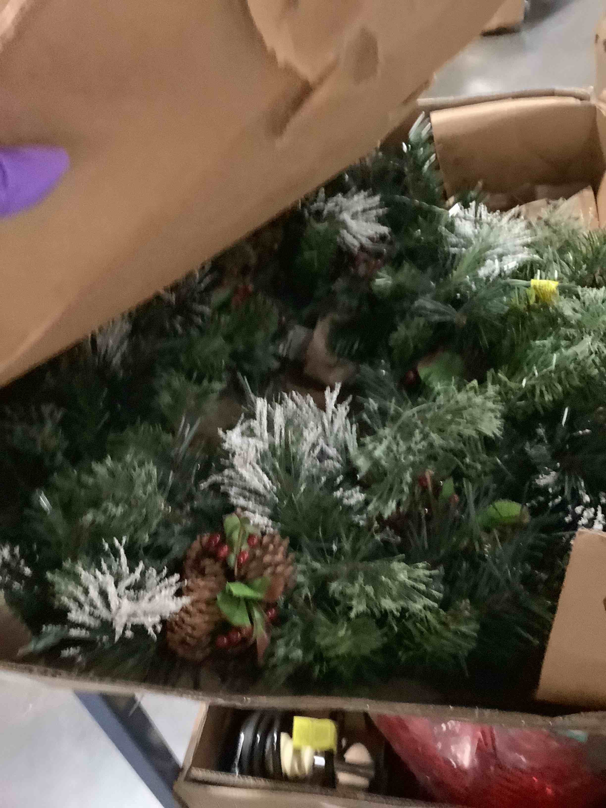 Condition photo showing Good Condition for national tree company 24 in pre-lit crestwood spruce artificial christmas wreath, christmas decoration with glitter, pinecones, red berries, 50 clear led lights, 160 tips, timer, green 24 in battery-operated wreath