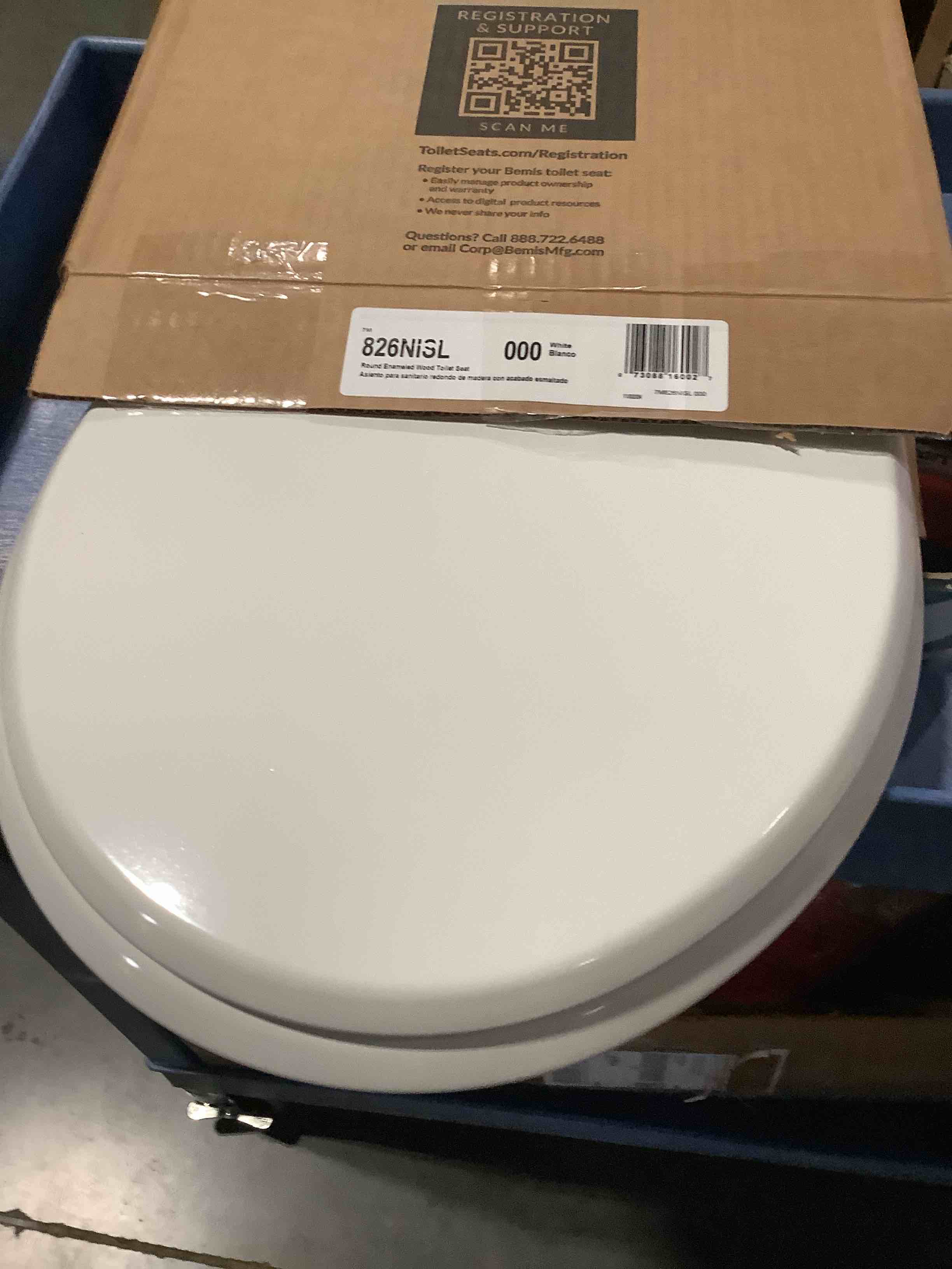 Condition photo showing New/Like New for mayfair benton toilet seat with brushed nickel hinges, slow close wood seat, secure metal hinges, easy install, round, white
