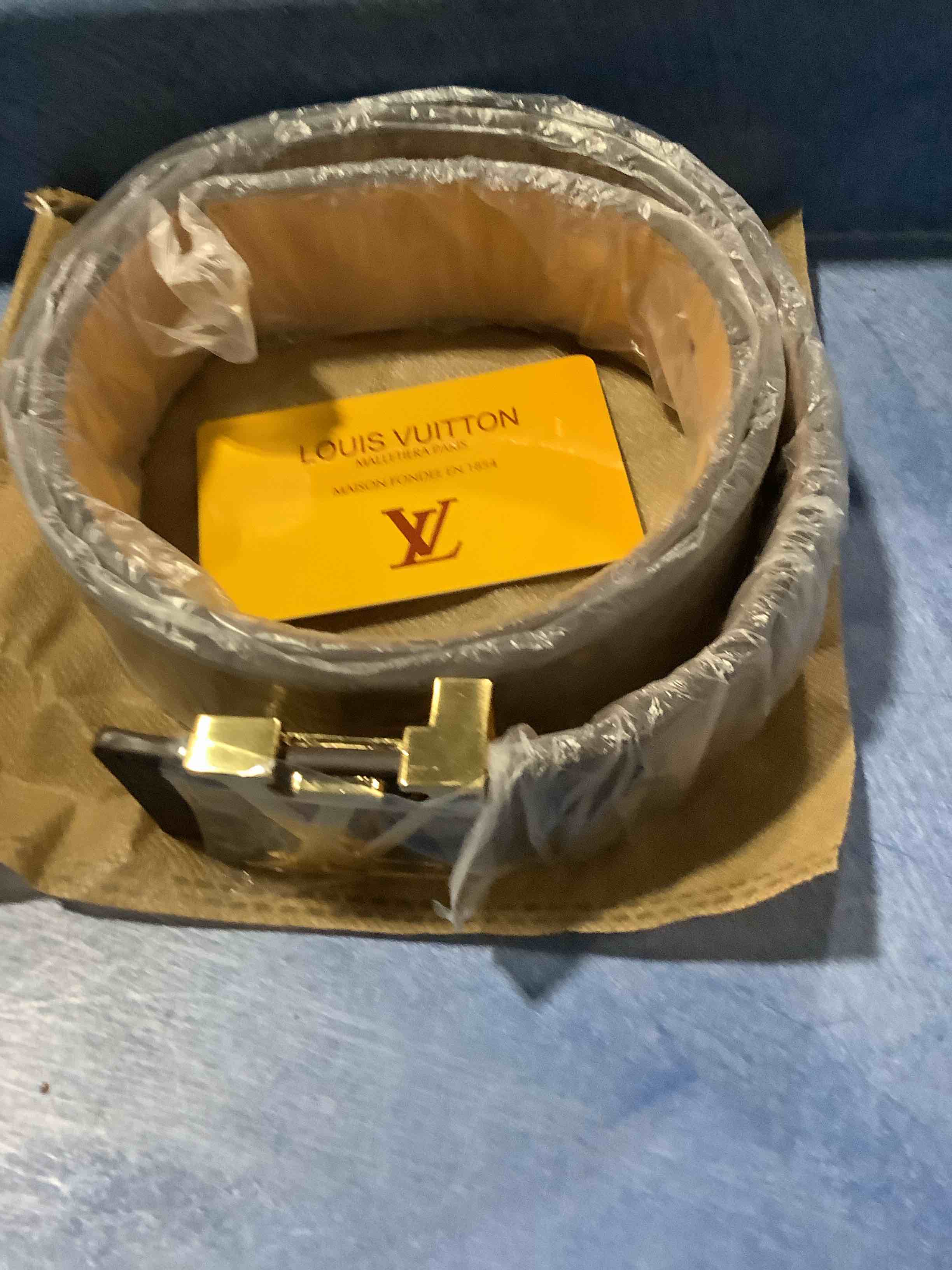 Condition photo showing New/Like New for *** not authentic **** replica, designer, monogram, canvas, led initials belt, brown tan, buckle, unisex