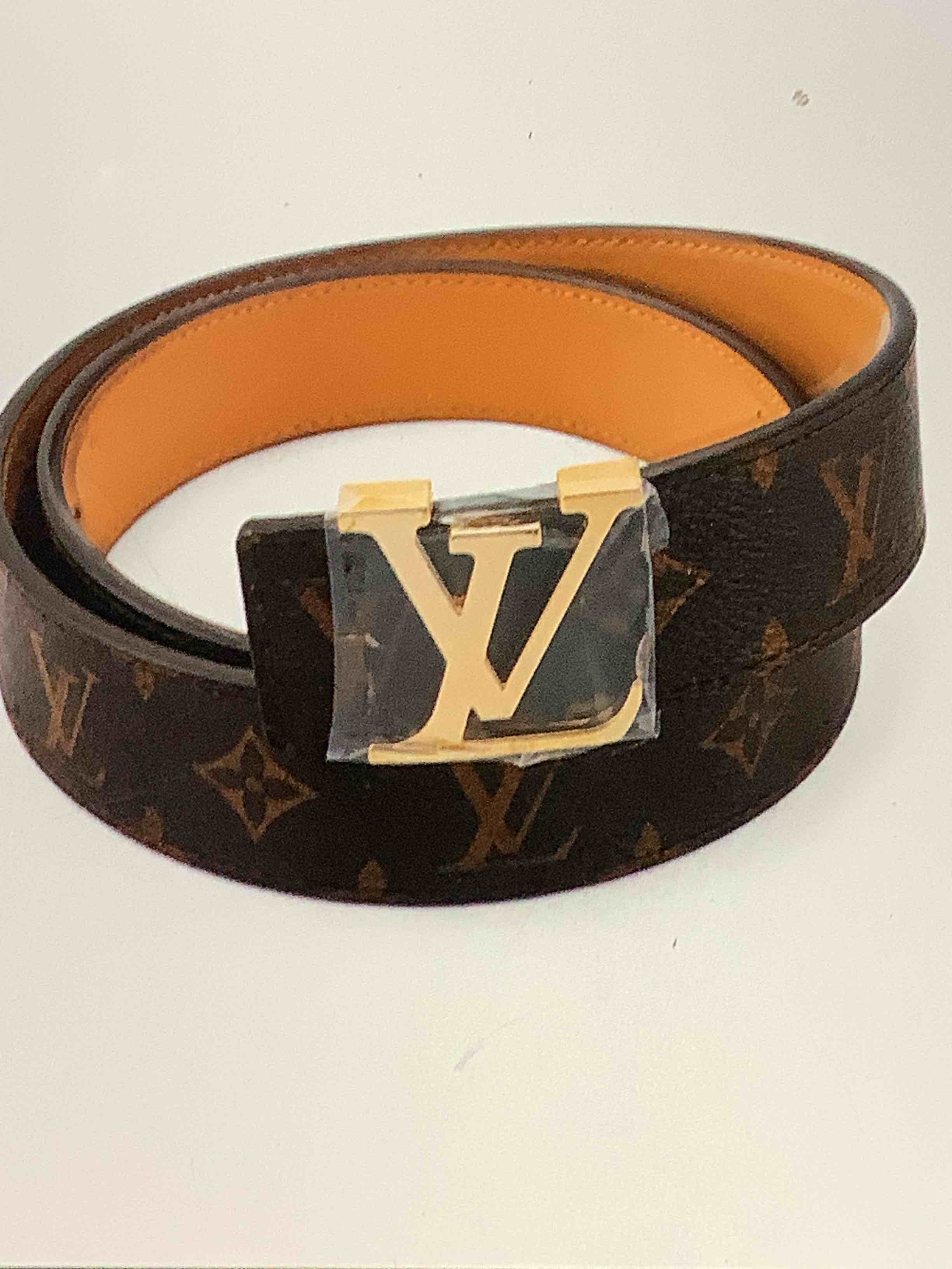 *** not authentic **** replica, designer, monogram, canvas, led initials belt, brown tan, buckle, unisex