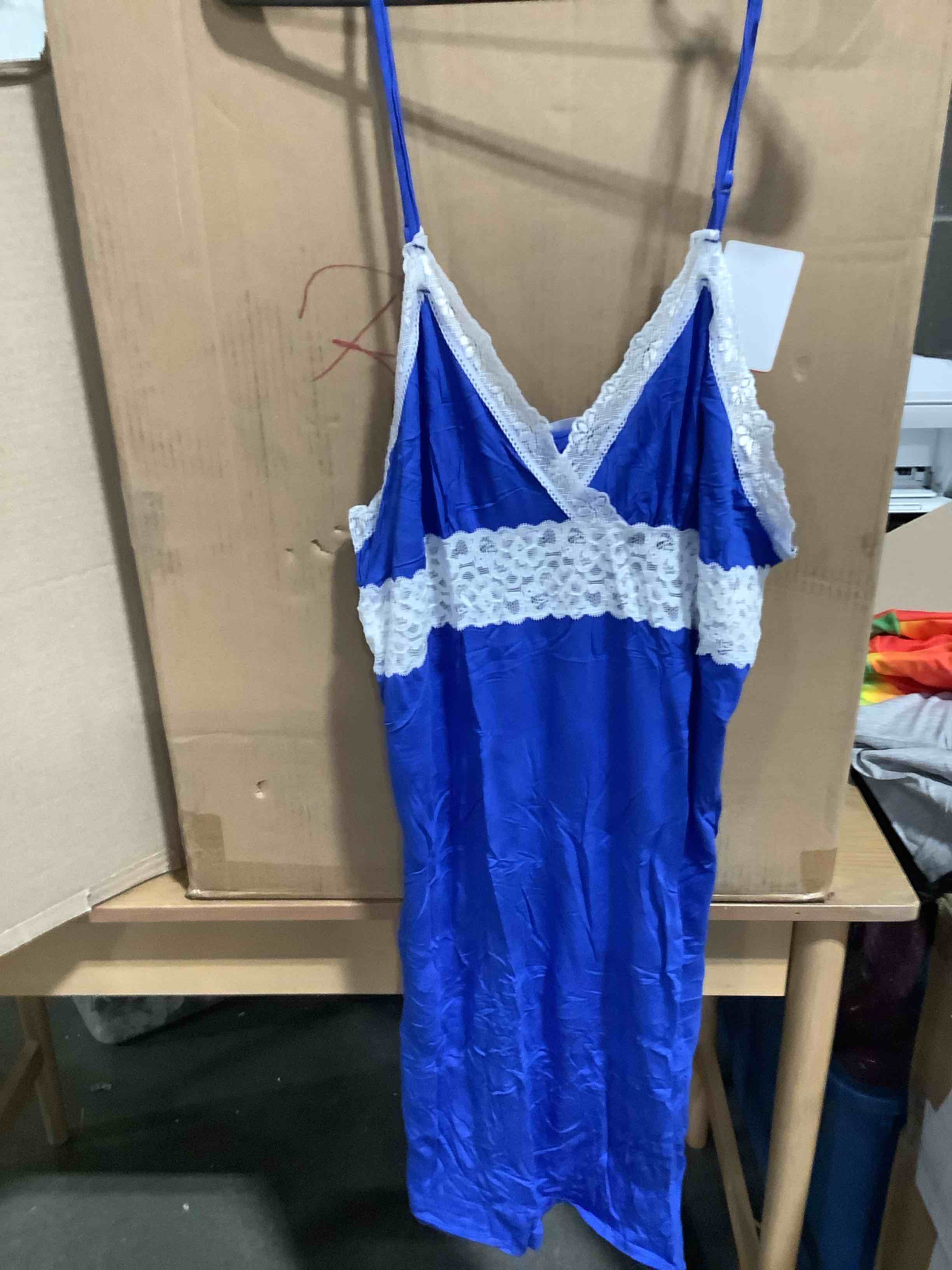 Condition photo showing New/Like New for blue and white lace size 2 xl ekouaer sleepwear womens chemise nightgown full slip lace lounge dress