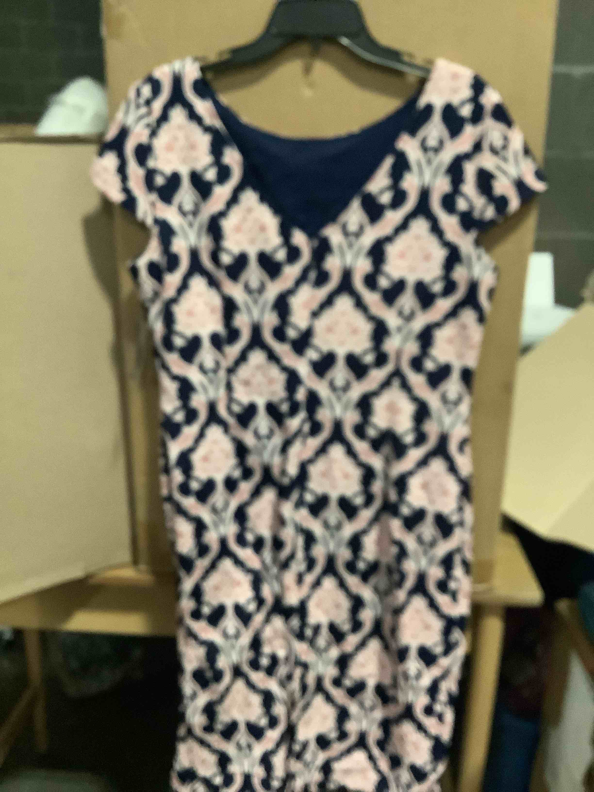 Condition photo showing New/Like New for rn studio by nicole women’s dress size 16 navy white print short sleeve new tag