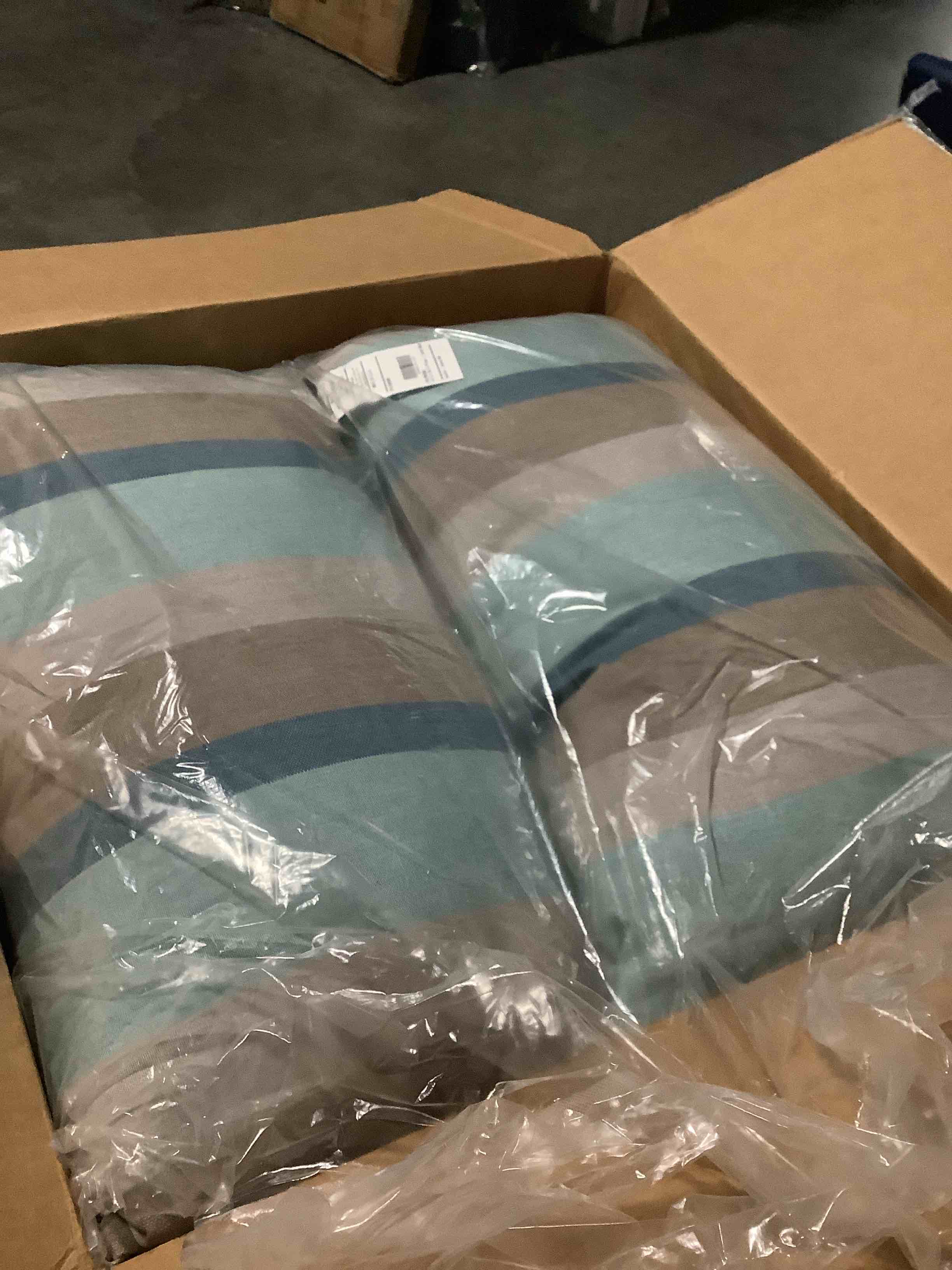 Condition photo showing New/Like New for 1101 design indoor/outdoor sunbrella lumbar pillows, set of 2, 16 x 26, blue & taupe stripes