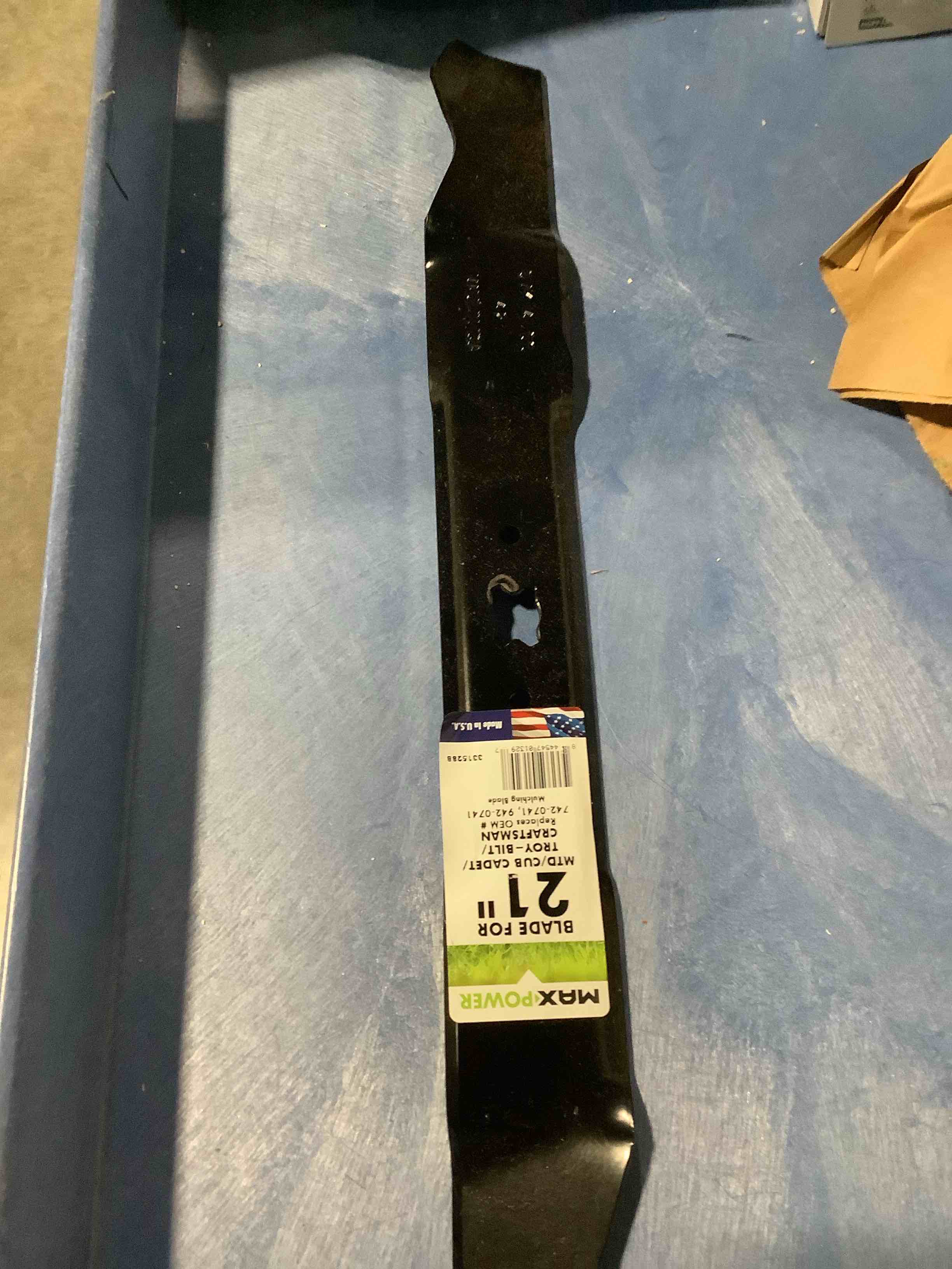 Condition photo showing New/Like New for maxpower 331528b mulching blade for some 21 inch cut mtd/cub cadet/troy-bilt replaces 742-0741, 942-0741, cmxgzam100067