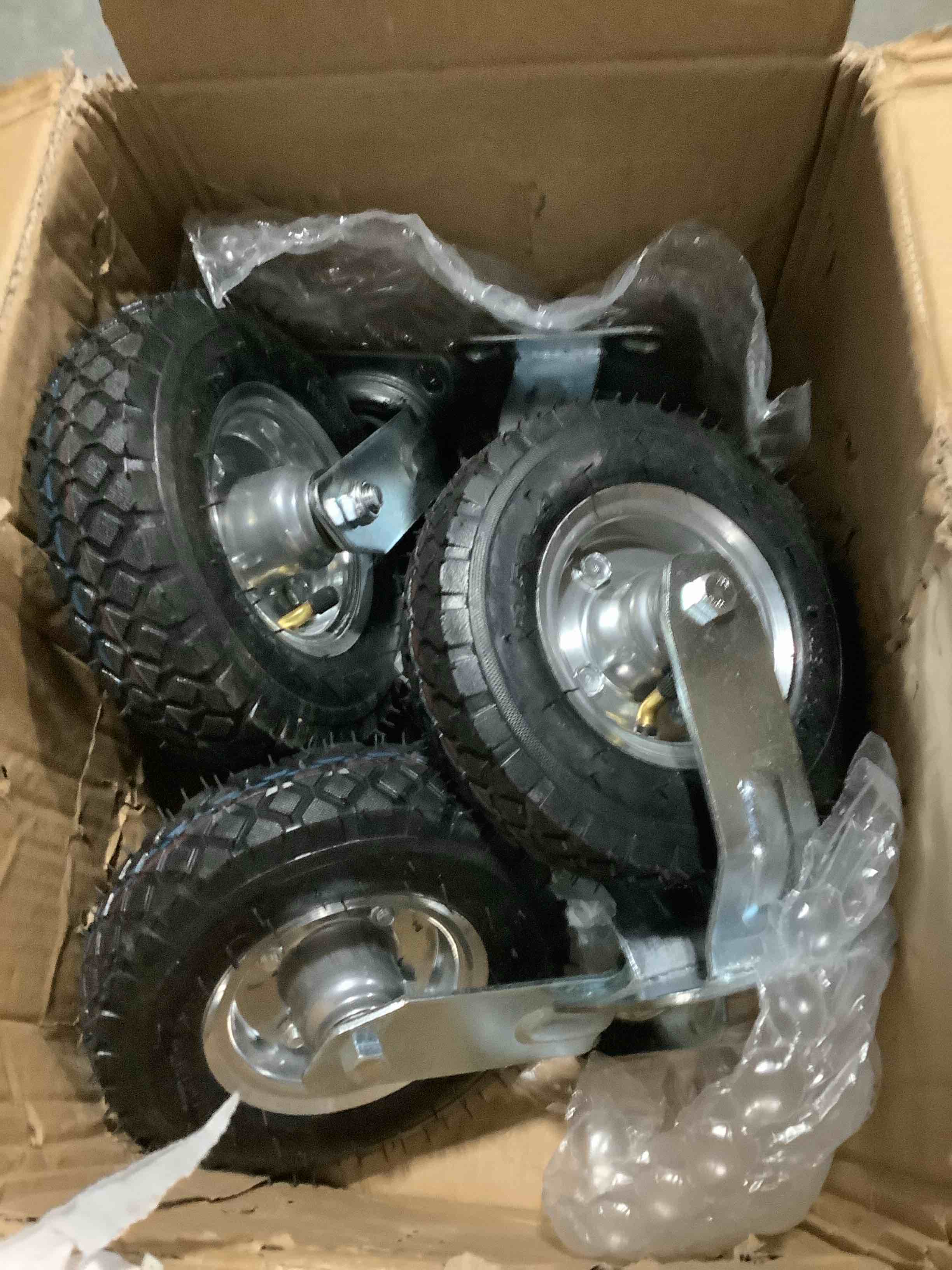 Condition photo showing Good Condition for 8 inch pneumatic caster wheels set of 4 (2 swivel/2 rigid),heavy duty casters,tolerable 880 lbs,rubber knobby tread for workbench, cart, trolley,wagon and shelves