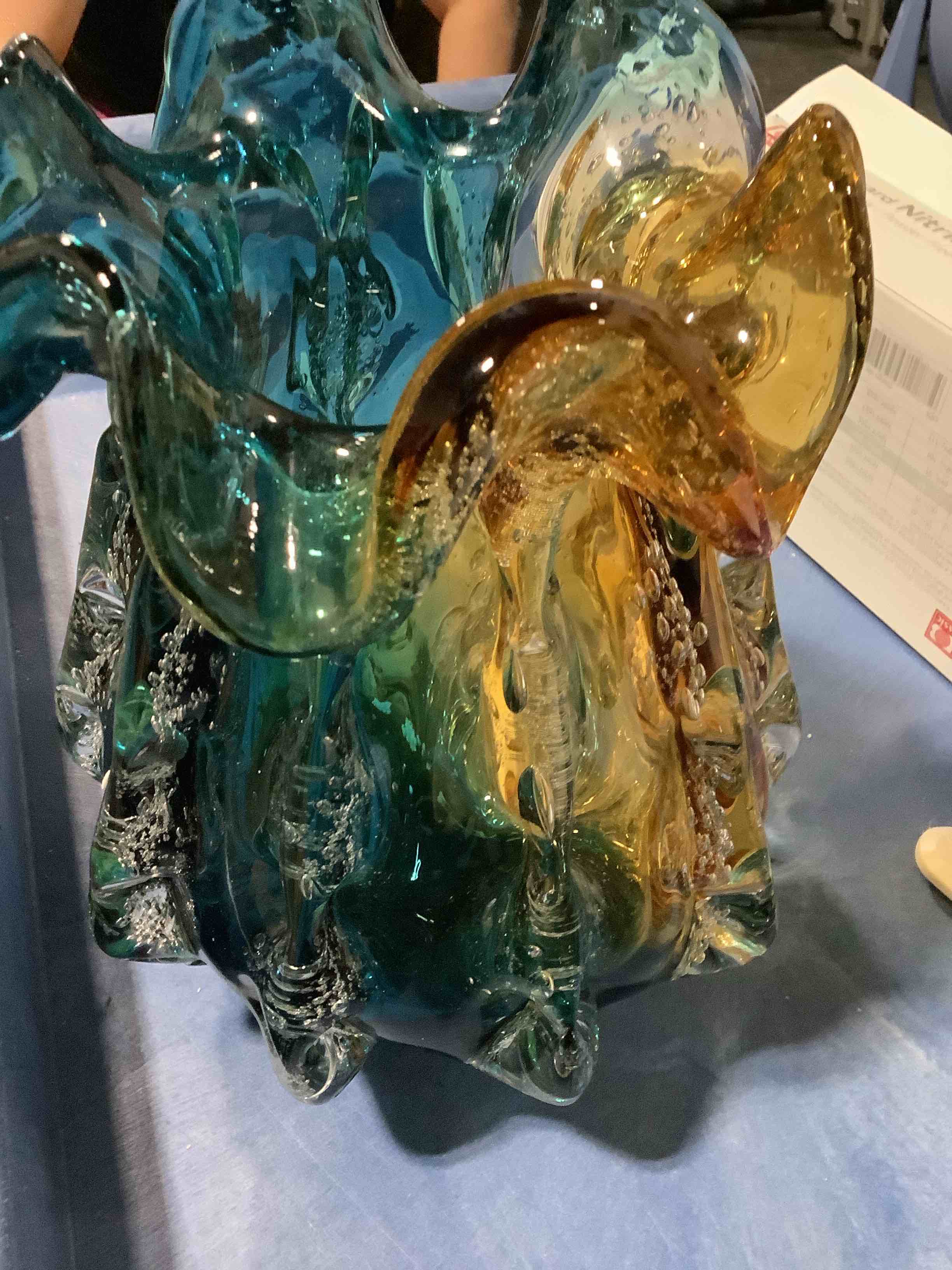 Condition photo showing New/Like New for turquoise glass vase, hand blown wide mouth teal blue glass, murano style modern art, art deco contemporary centerpiece, amber highlights, colored home decor for flowers (l) (amber, l) amber large