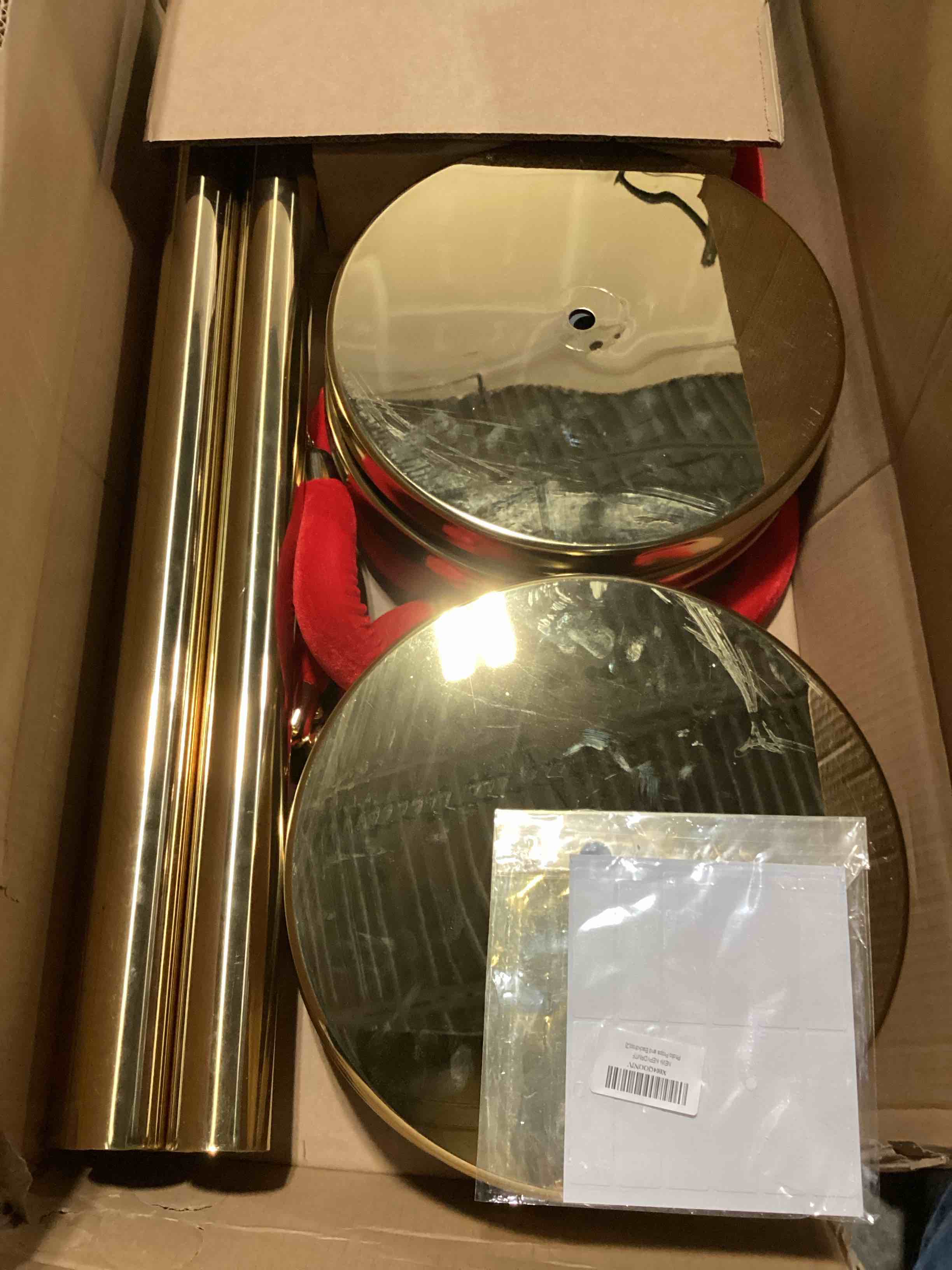 Condition photo showing Good Condition for 4 pcs gold stanchions with velvet ropes with 3 pcs 5 ft red velvet ropes carpet ropes posts stanchion set for crowd control barriers for weddings, events, hotels, and party decor 4 gold