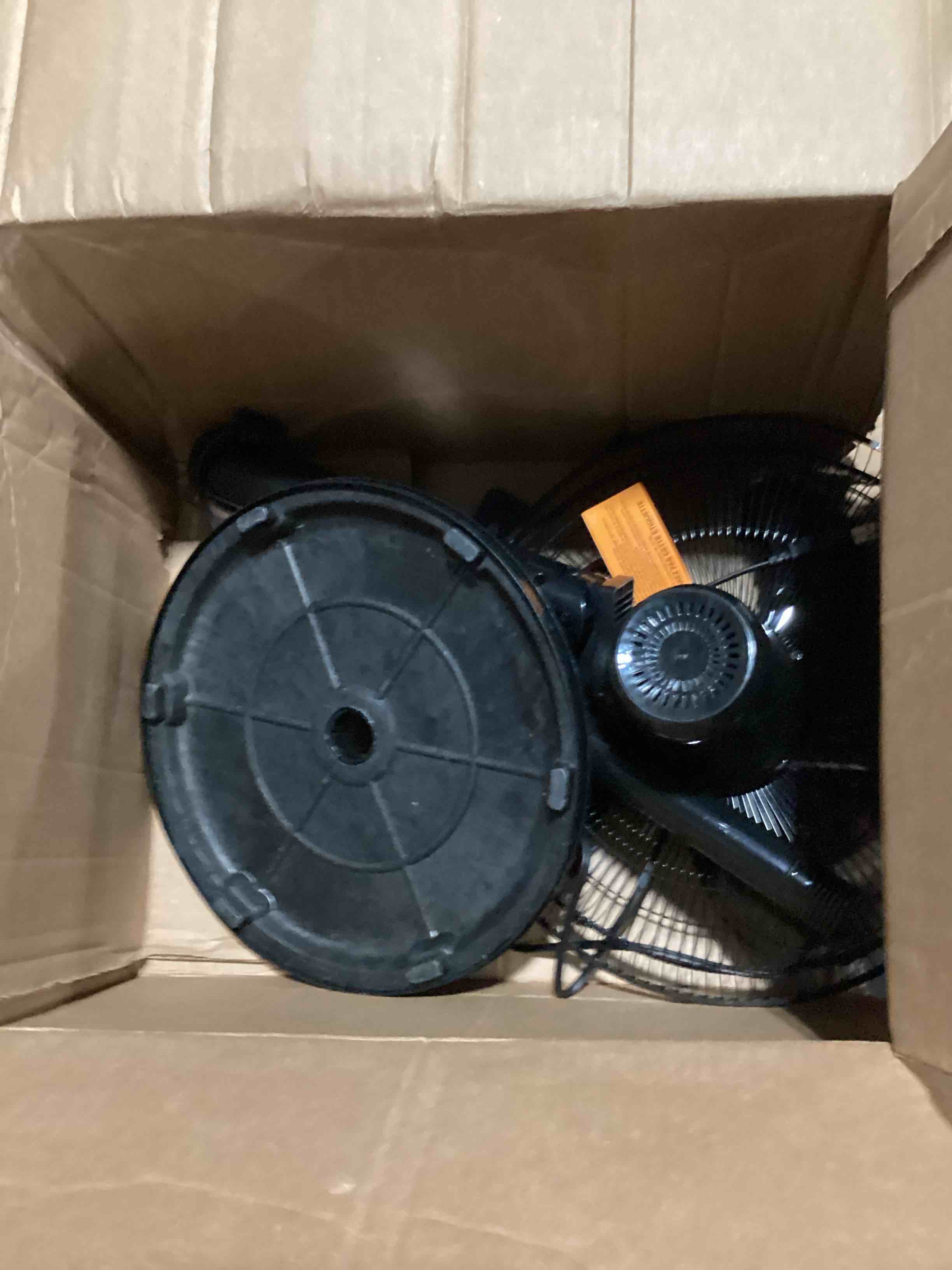 Condition photo showing As Is for newbulig 17" pedestal fans with remote, oscillating standing fan with 3 speed & 3 model, quiet timer stand up fan for indoor, bedroom, living room, adjustable height & tilt head, easy assembly black 17.13" * 17.13" * 51.18"