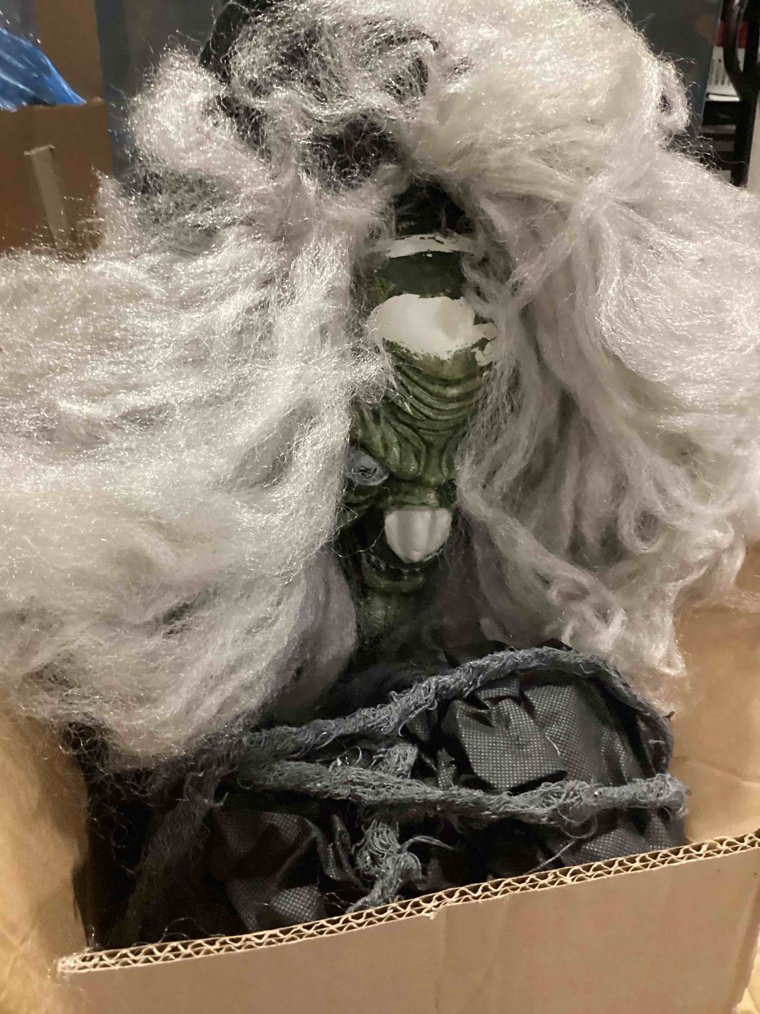 Condition photo showing As Is for halloween animated decoration, gray hair, creepy, haunted house, prop