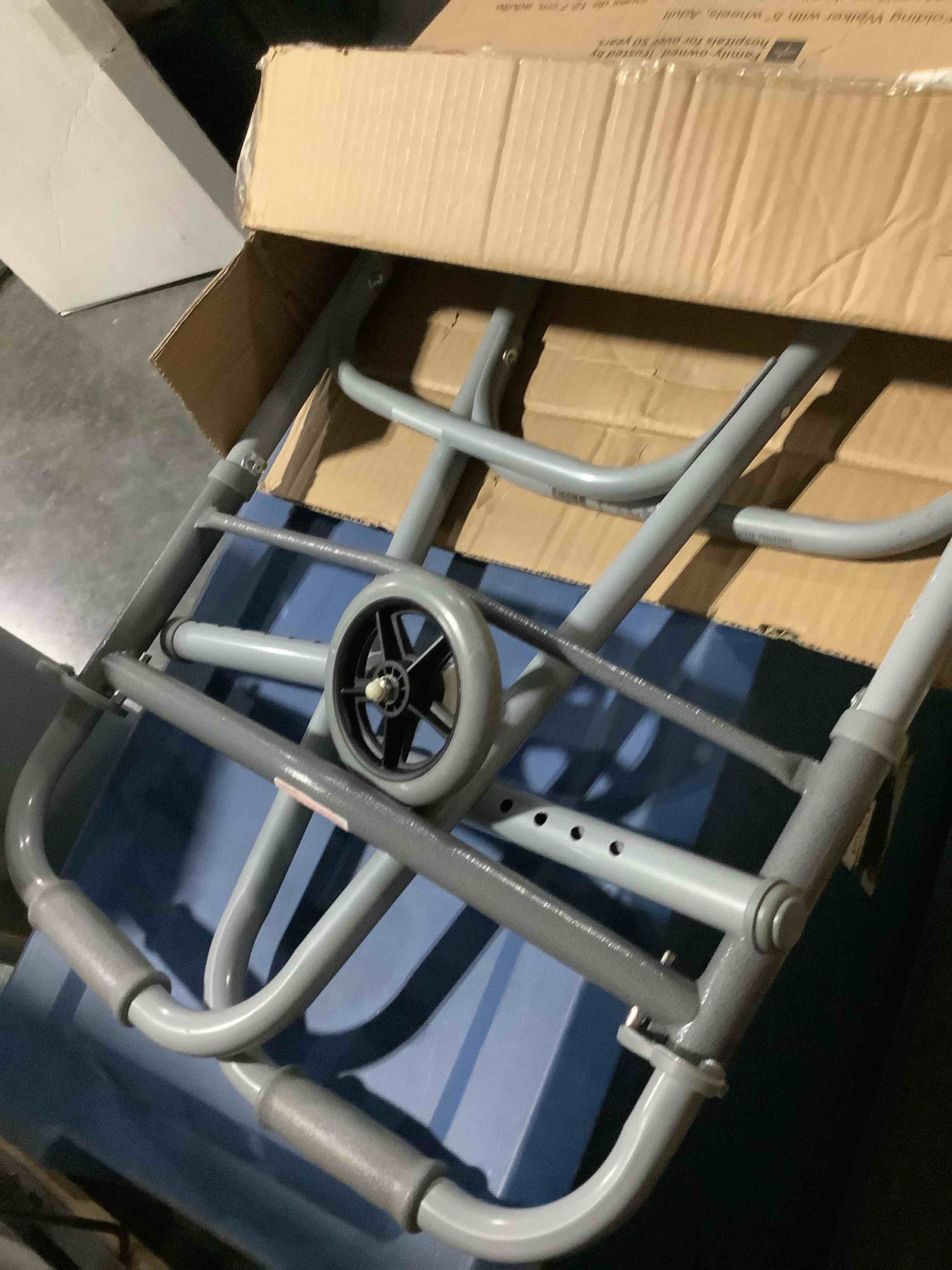 Condition photo showing As Is for medline lightweight folding walkers for seniors, adults with 5” wheels, steel frame supports up to 400 lbs.