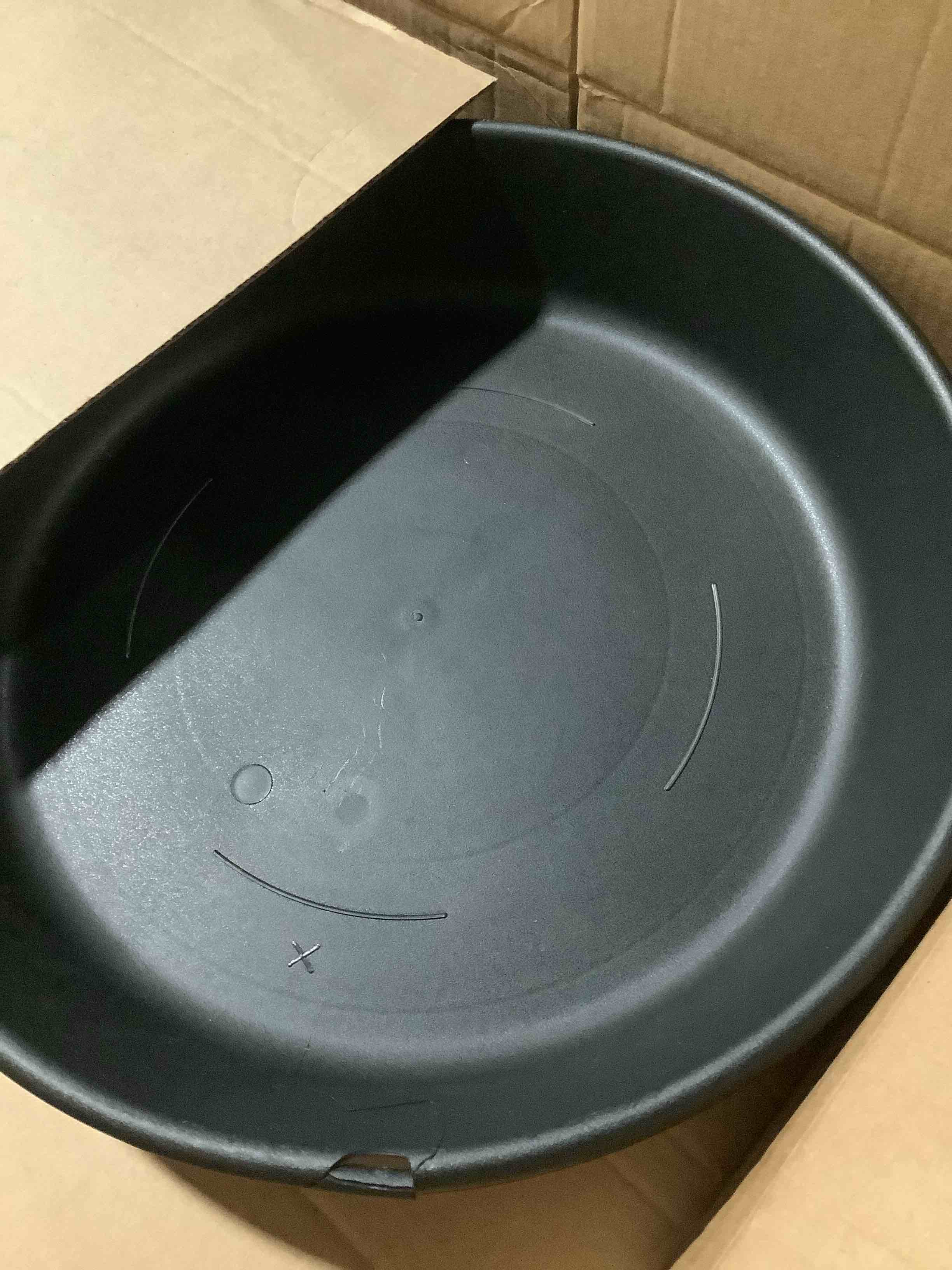 Condition photo showing As Is for the hc companies flower pot saucers - plastic plant saucer for outdoors & indoors - traditional design plant pot trays for water drainage - durable & stylish round plant tray (16-inch black) black 16" pack of 1