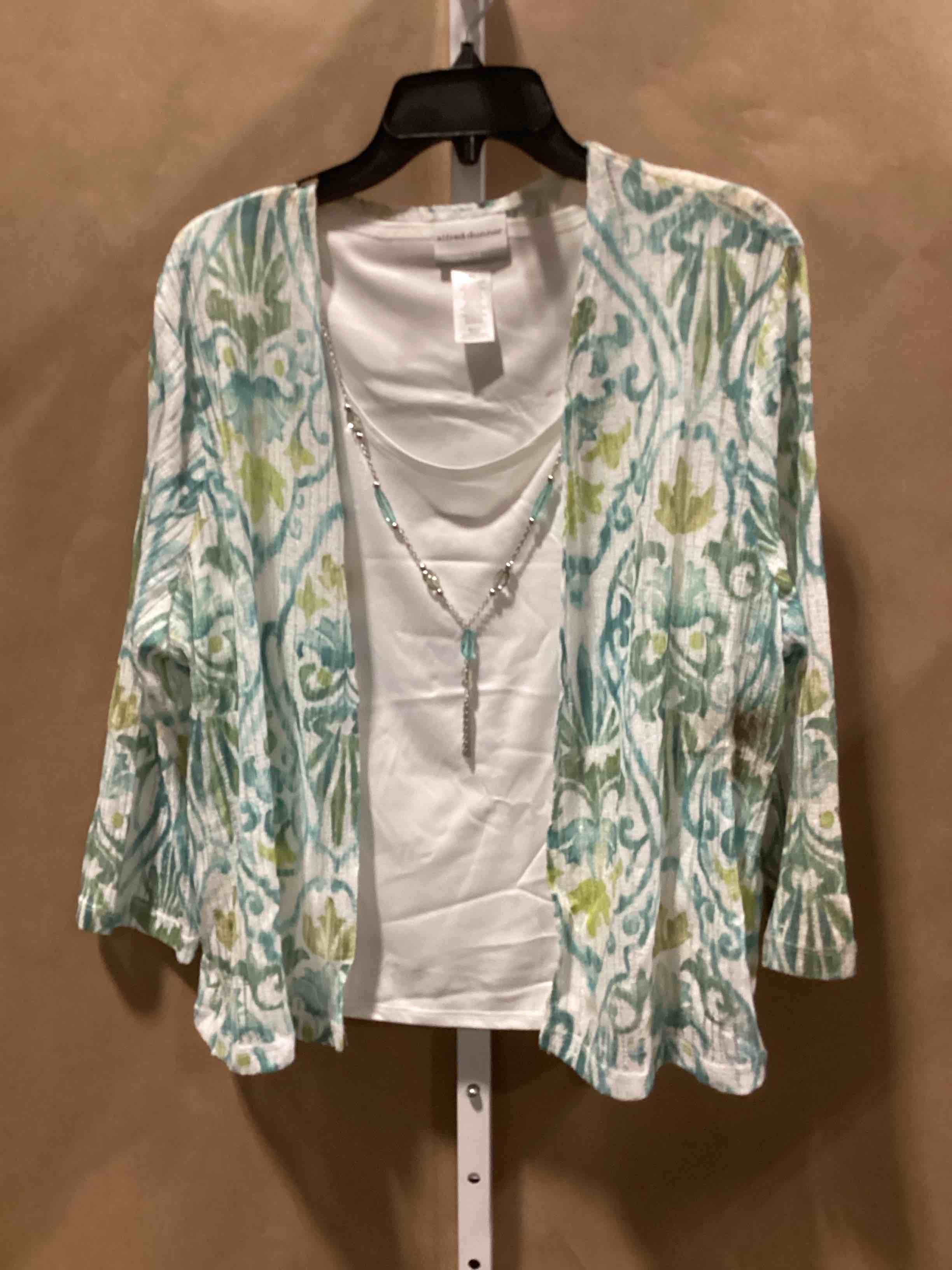 Alfred Dunner size petite large white tank with floral overlay top, including an attached necklace colors are blue, green, and white