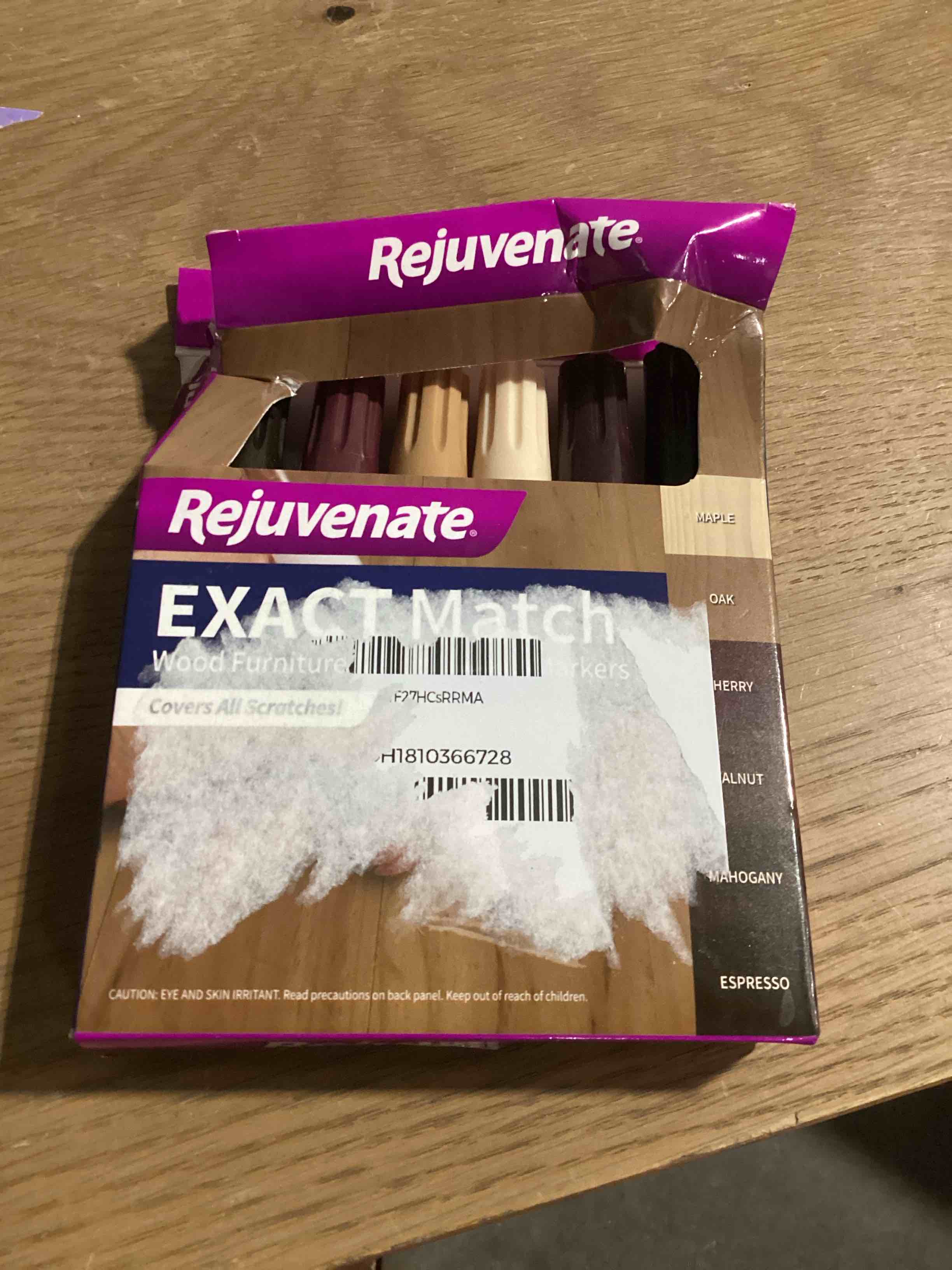 Condition photo showing Good Condition for rejuvenate exact match wood furniture & floor repair markers, 6 count, brown markers cover all scratches, scuffs and damage to wood furniture and flooring