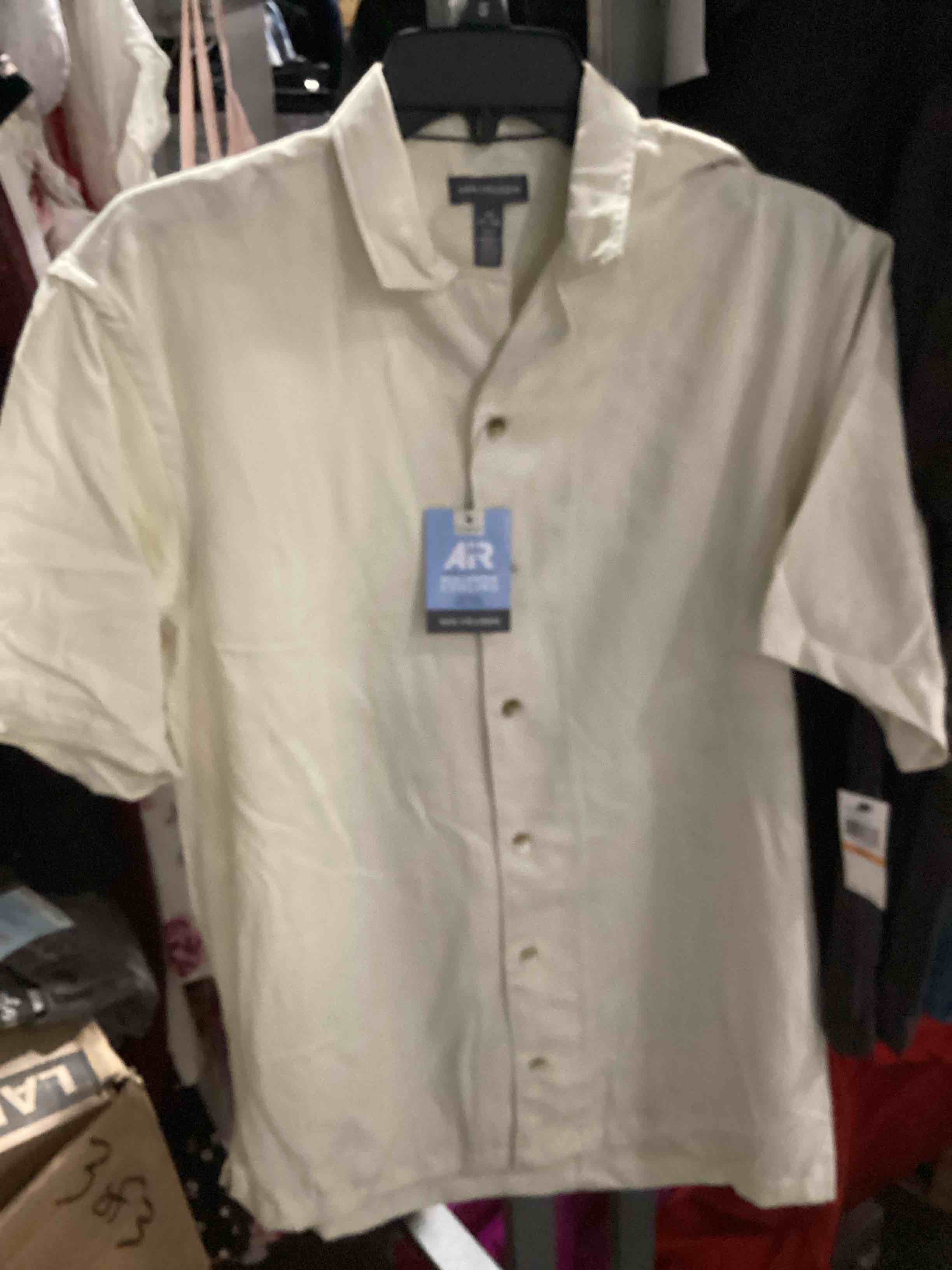 Condition photo showing New/Like New for van huesen men’s air classic fit short sleeve button up shirt silver birch  size large