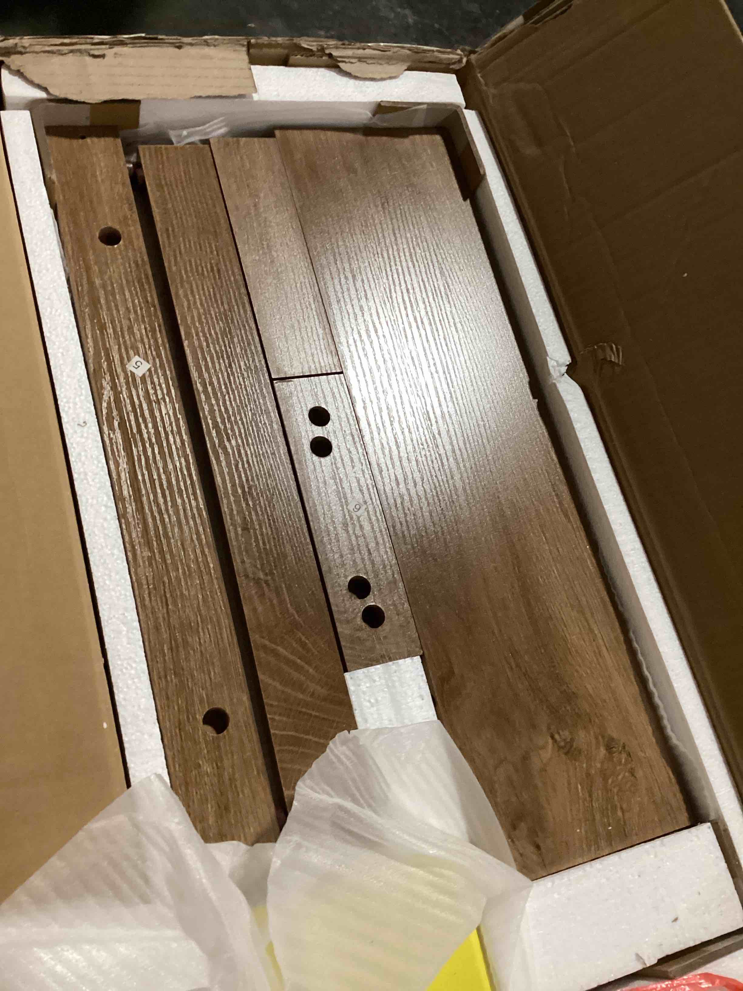 Condition photo showing New/Like New for little tree c-shaped side table, narrow 2-tier end table for living room, couch, bedroom, bedside, nightstand, brown 1