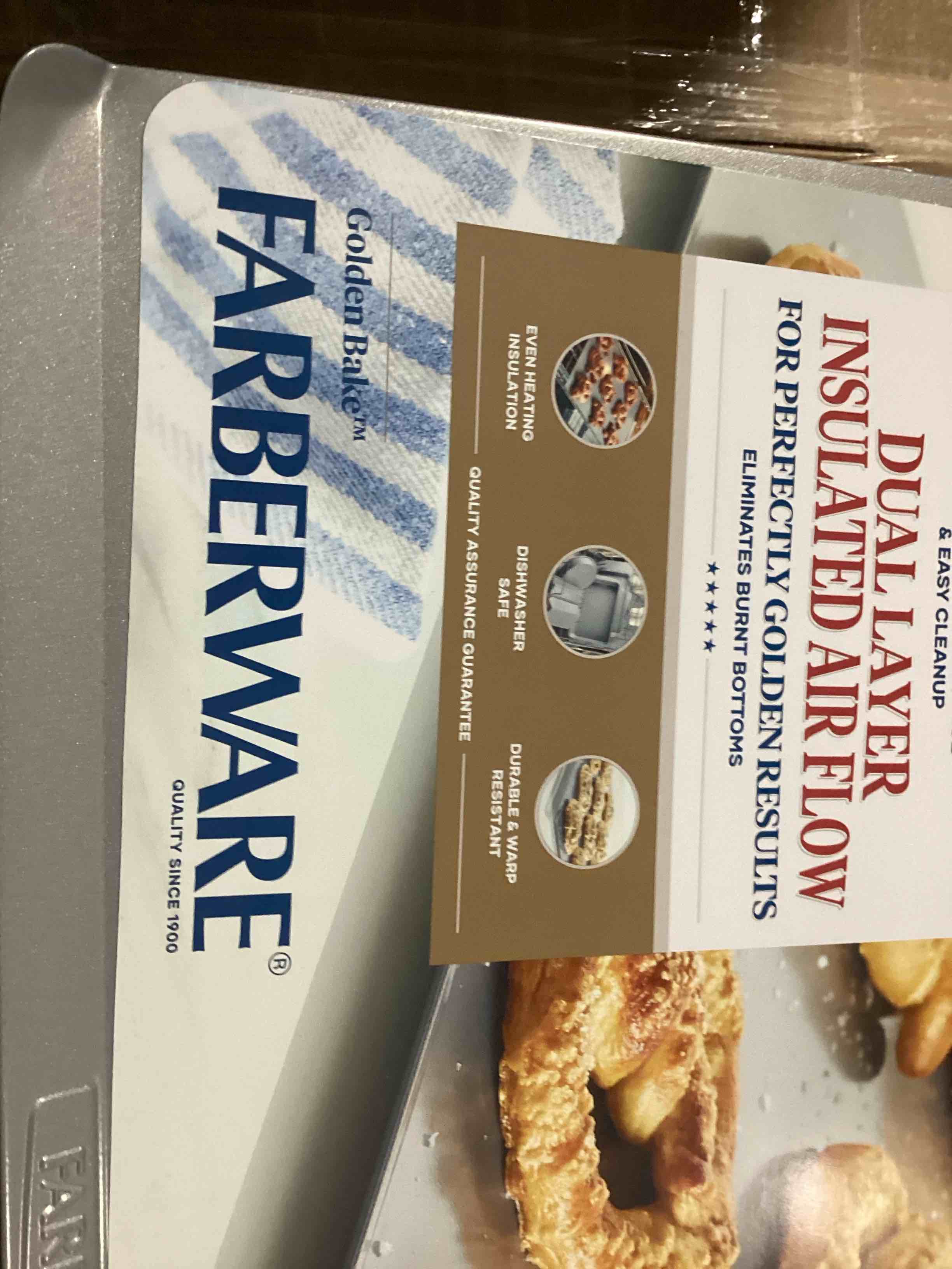Condition photo showing Good Condition for farberware insulated bakeware nonstick cookie baking sheet, 15.5" x 20", (bent corner) light gray 15.5" x 20" cookie sheet