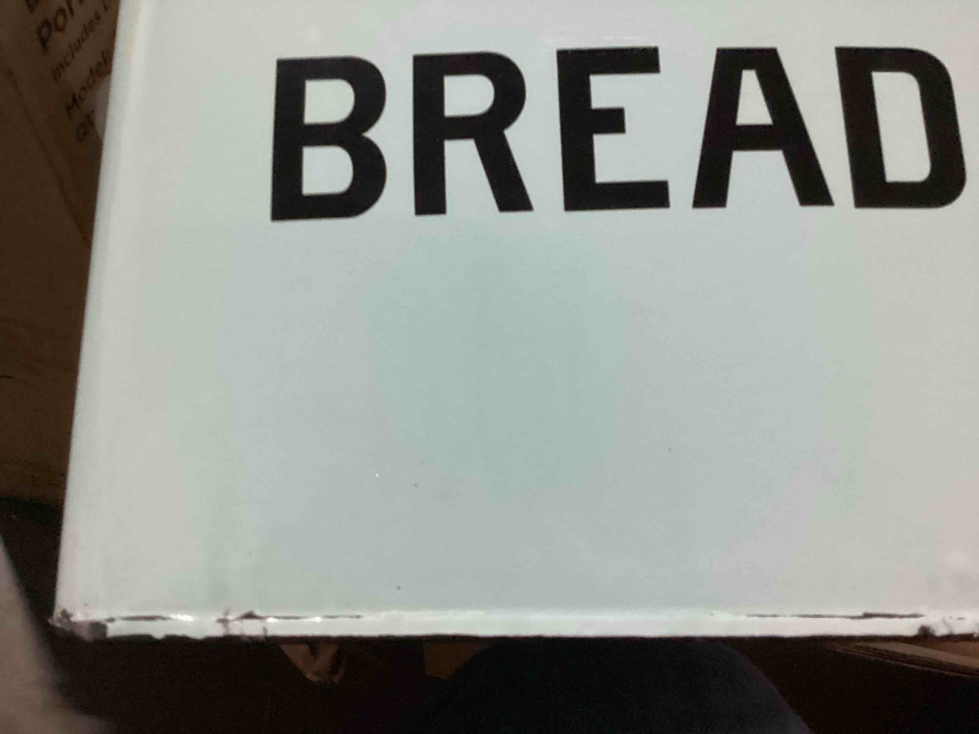 Condition photo showing Good Condition for creative co-op chic farmhouse enameled bread box with lid, (damaged bottom)bread message, light blue