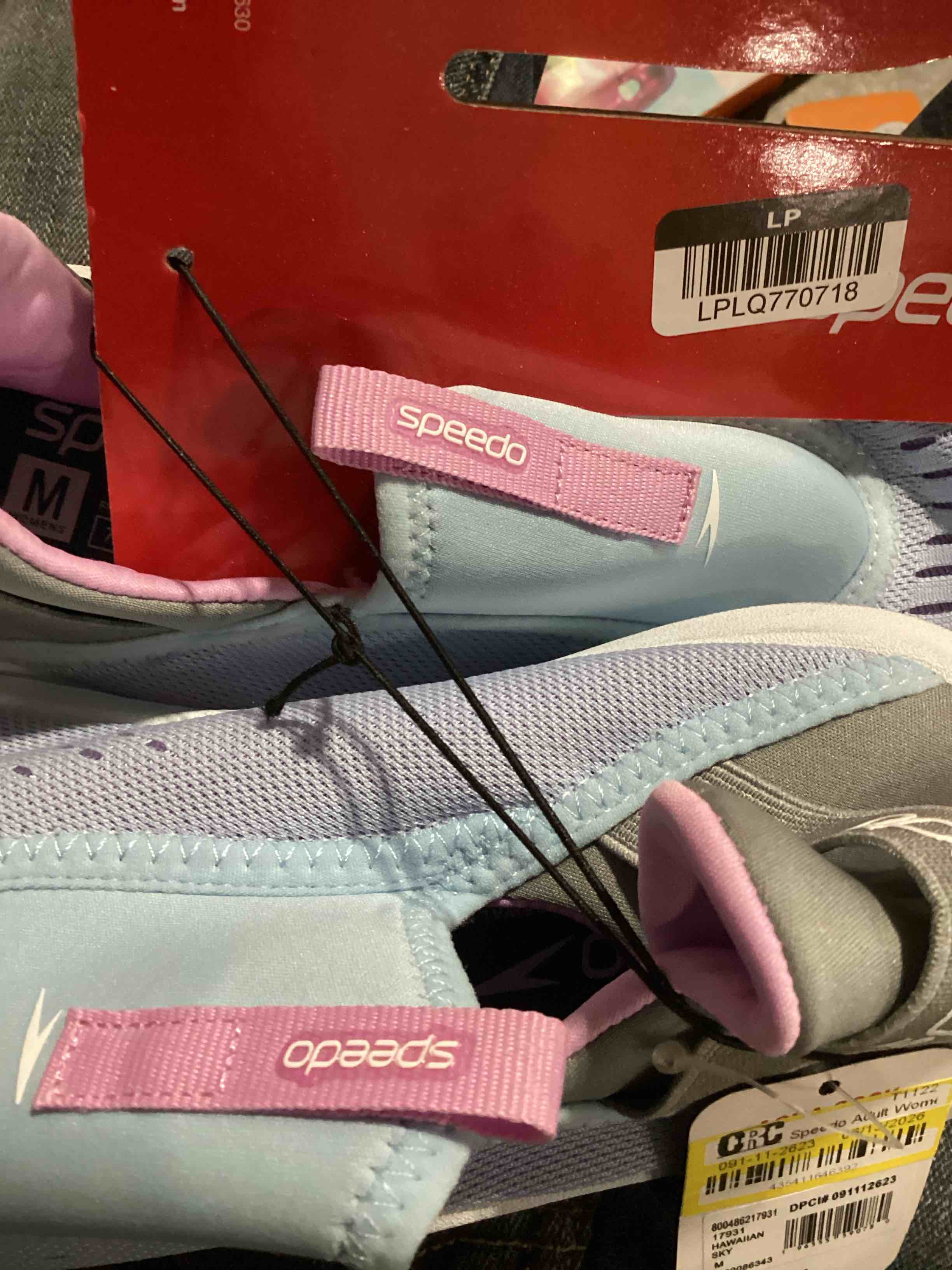 Condition photo showing New/Like New for speedo adult women's pull on water shoes - light blue small non marking sole, breathable upper
