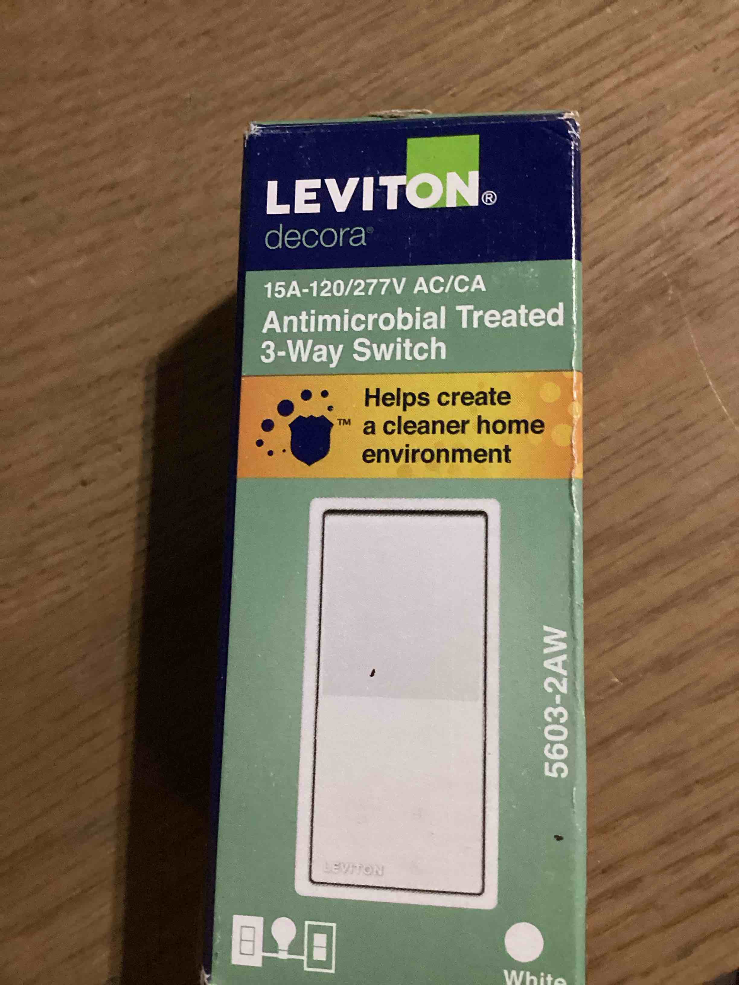 Condition photo showing New/Like New for leviton 15 amps 3-way antimicrobial treated rocker ac quiet switch white 1 pk
