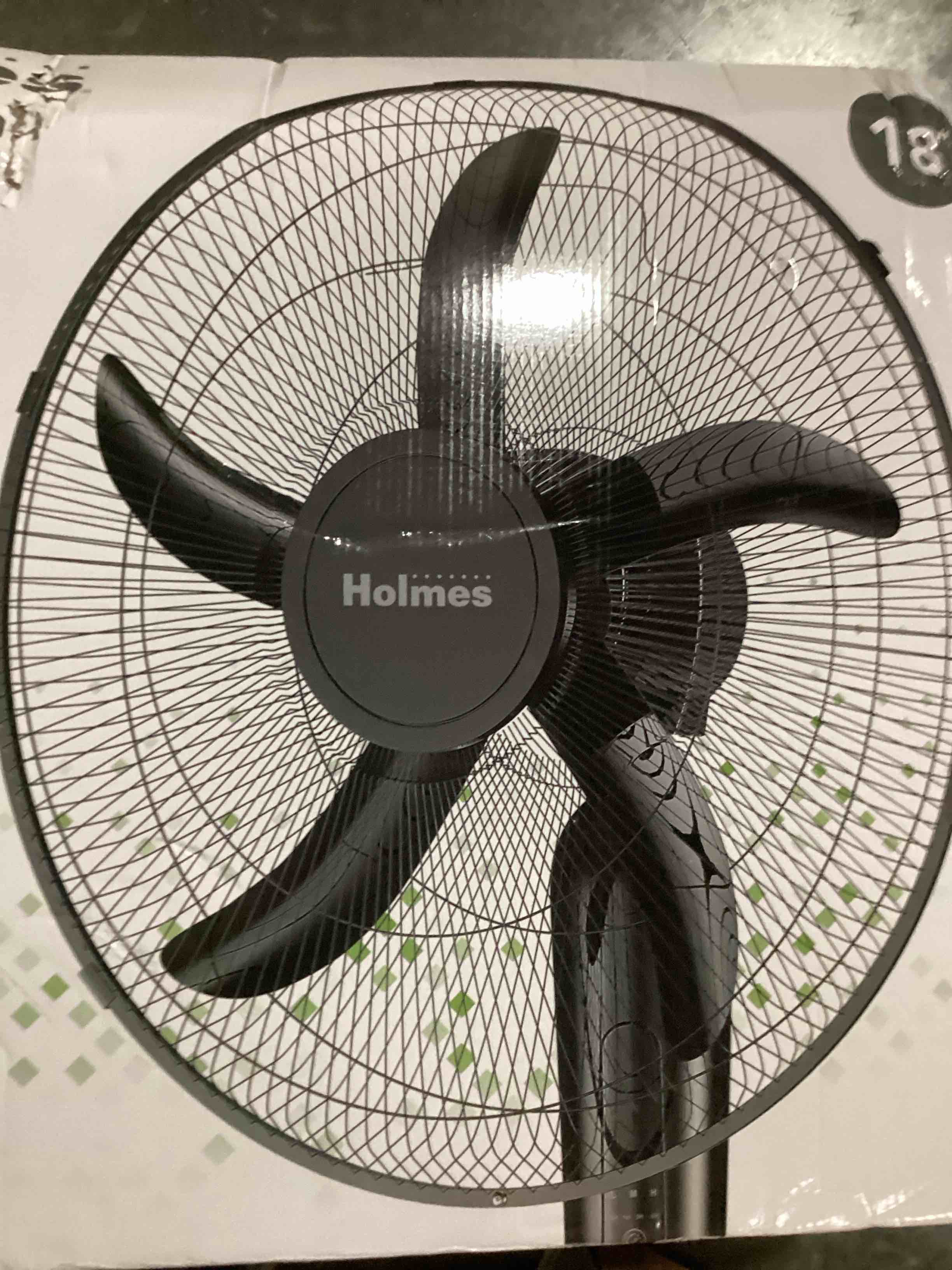 Condition photo showing New/Like New for holmes 18" digital oscillating 3 speed stand fan with remote control black